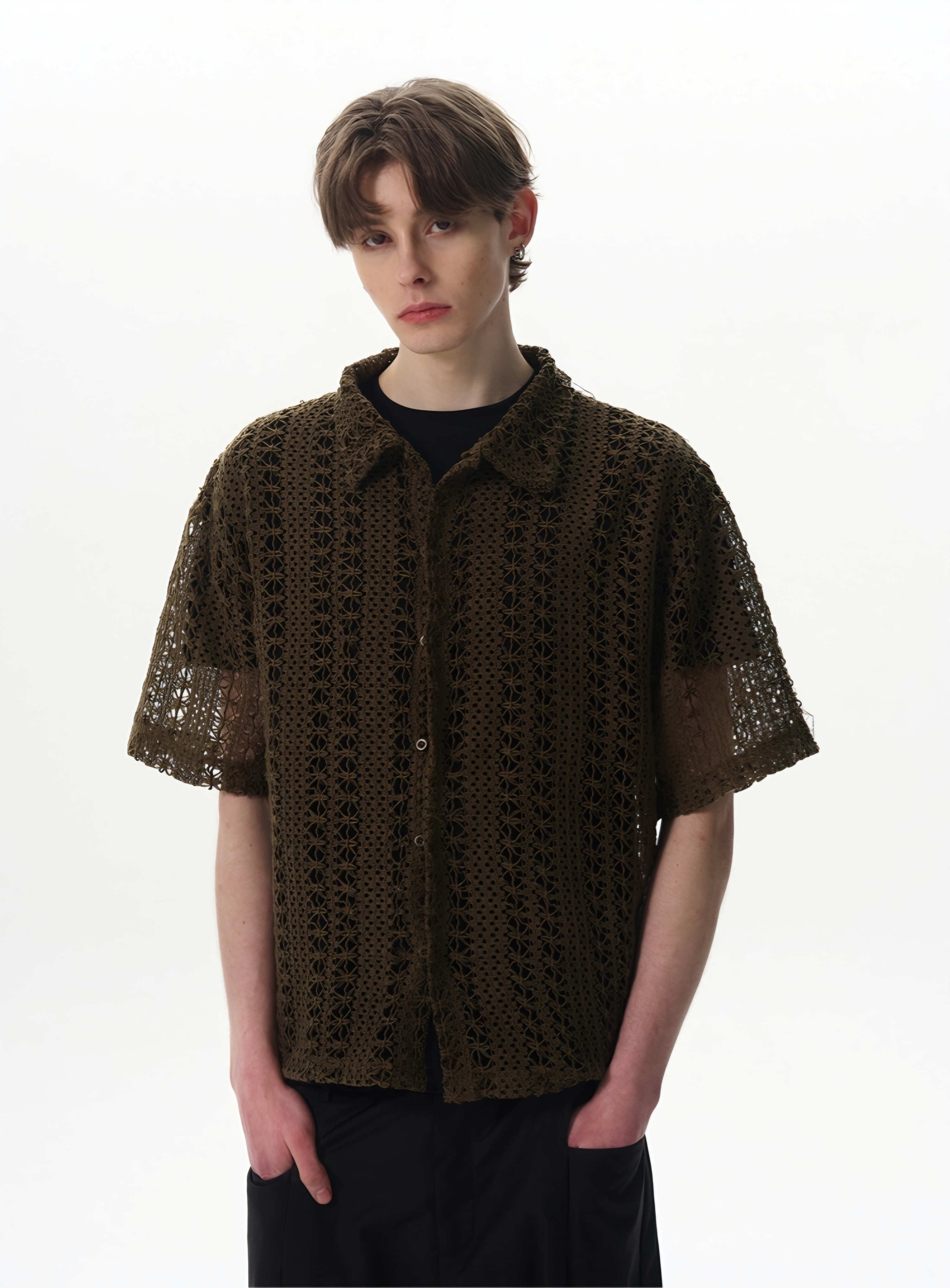 043. Green Crochet Button-Up Shirt