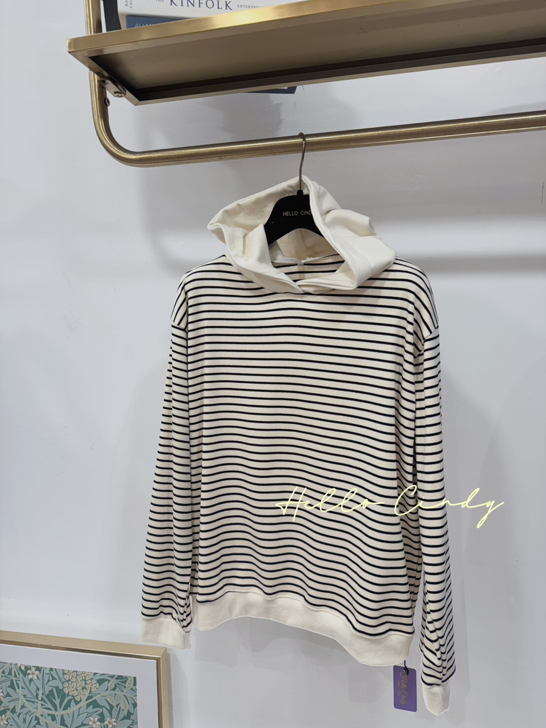 B10171 很優雅的韓國奶油米色黑條紋連帽大學T