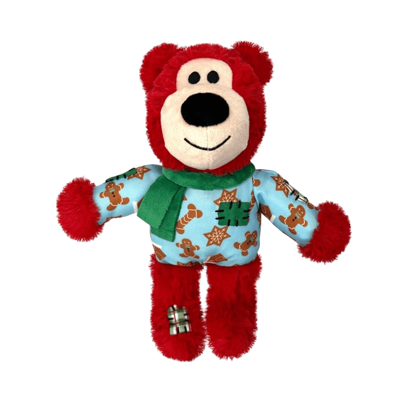 【寵物陪伴、抗憂鬱玩具】KONG 聖誕節玩具系列-毛衣補丁熊(紅色)