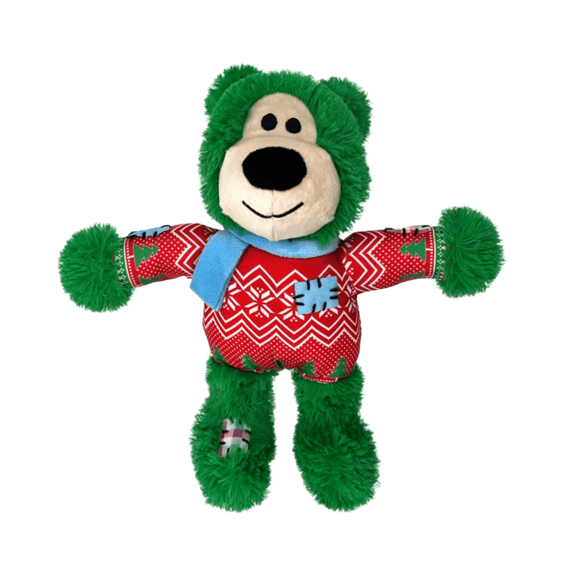 【寵物陪伴、抗憂鬱玩具】KONG 聖誕節玩具系列-毛衣補丁熊(綠色)