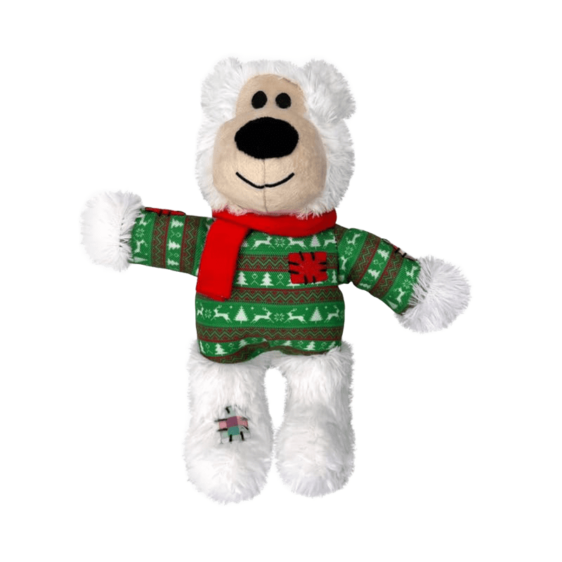 【寵物陪伴、抗憂鬱玩具】KONG 聖誕節玩具系列-毛衣補丁熊(白色)