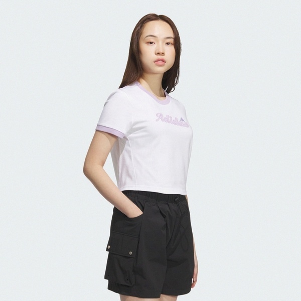 Adidas 愛迪達 S Gfx Tee KC5435 女 短版T恤 運動上衣 休閒短袖 粉紫 亞版