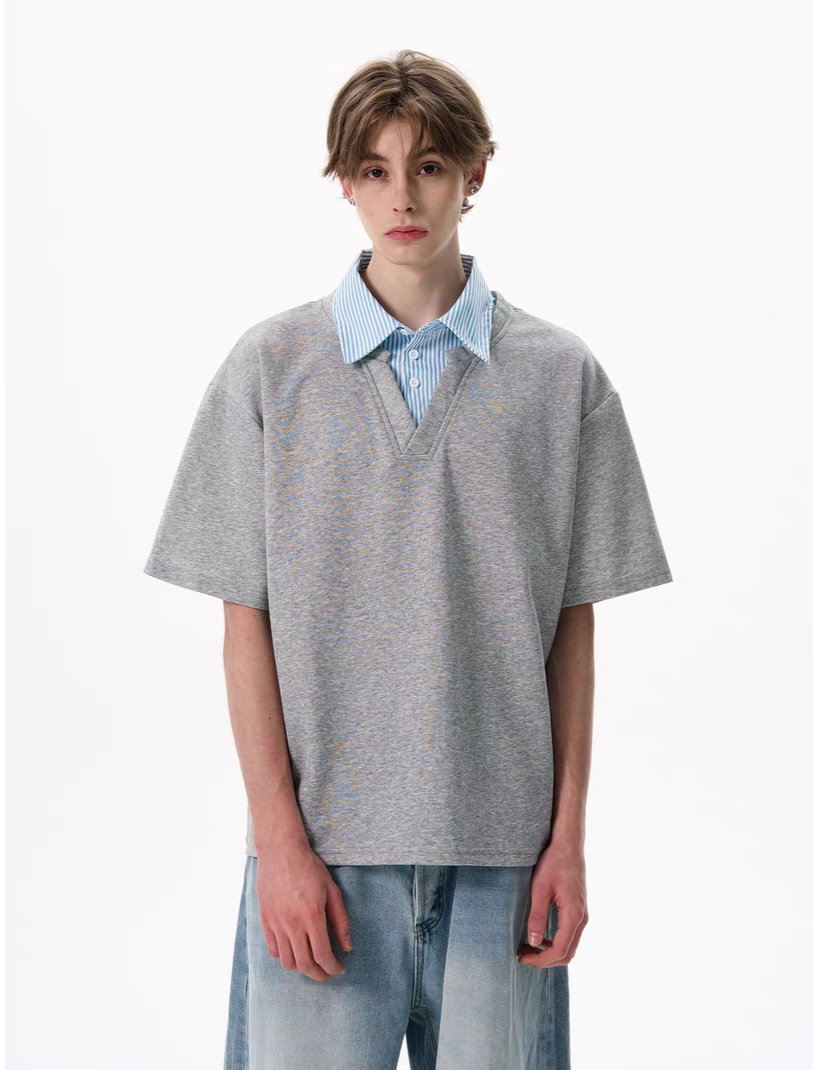 055. Two Pieces Fake Striped Button-Down Shirt