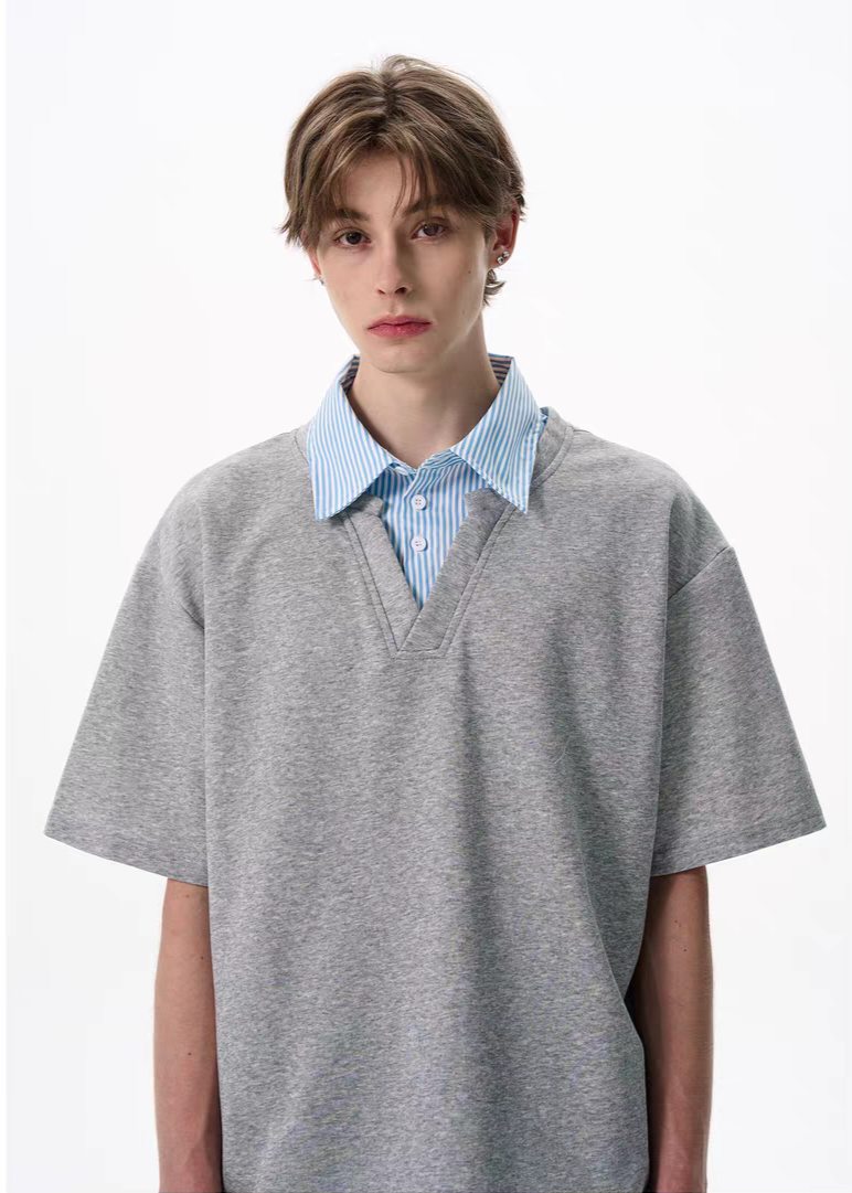 055. Two Pieces Fake Striped Button-Down Shirt