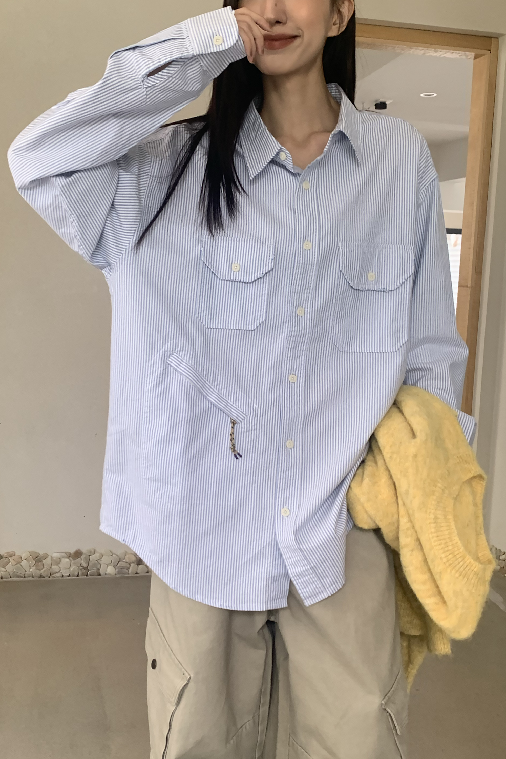 冬・Winter｜不規則口袋條紋長襯