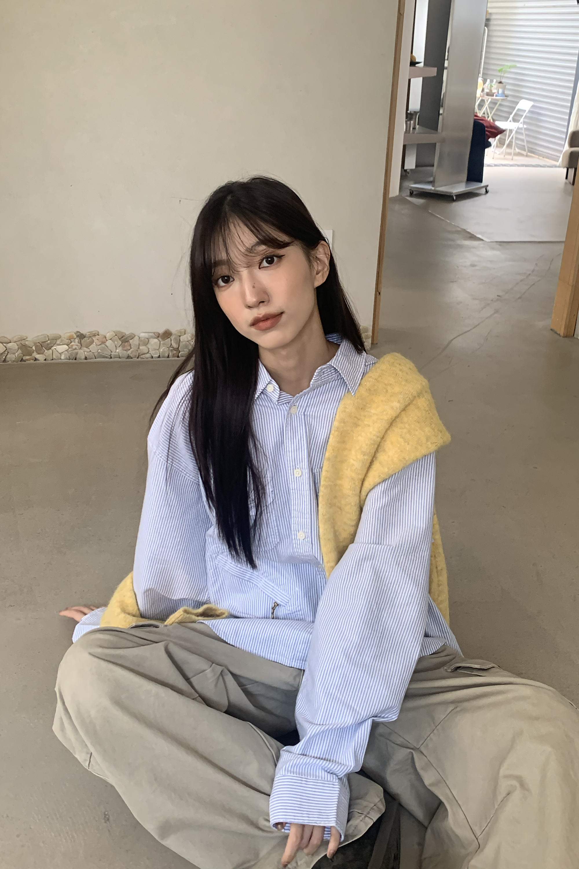 冬・Winter｜不規則口袋條紋長襯