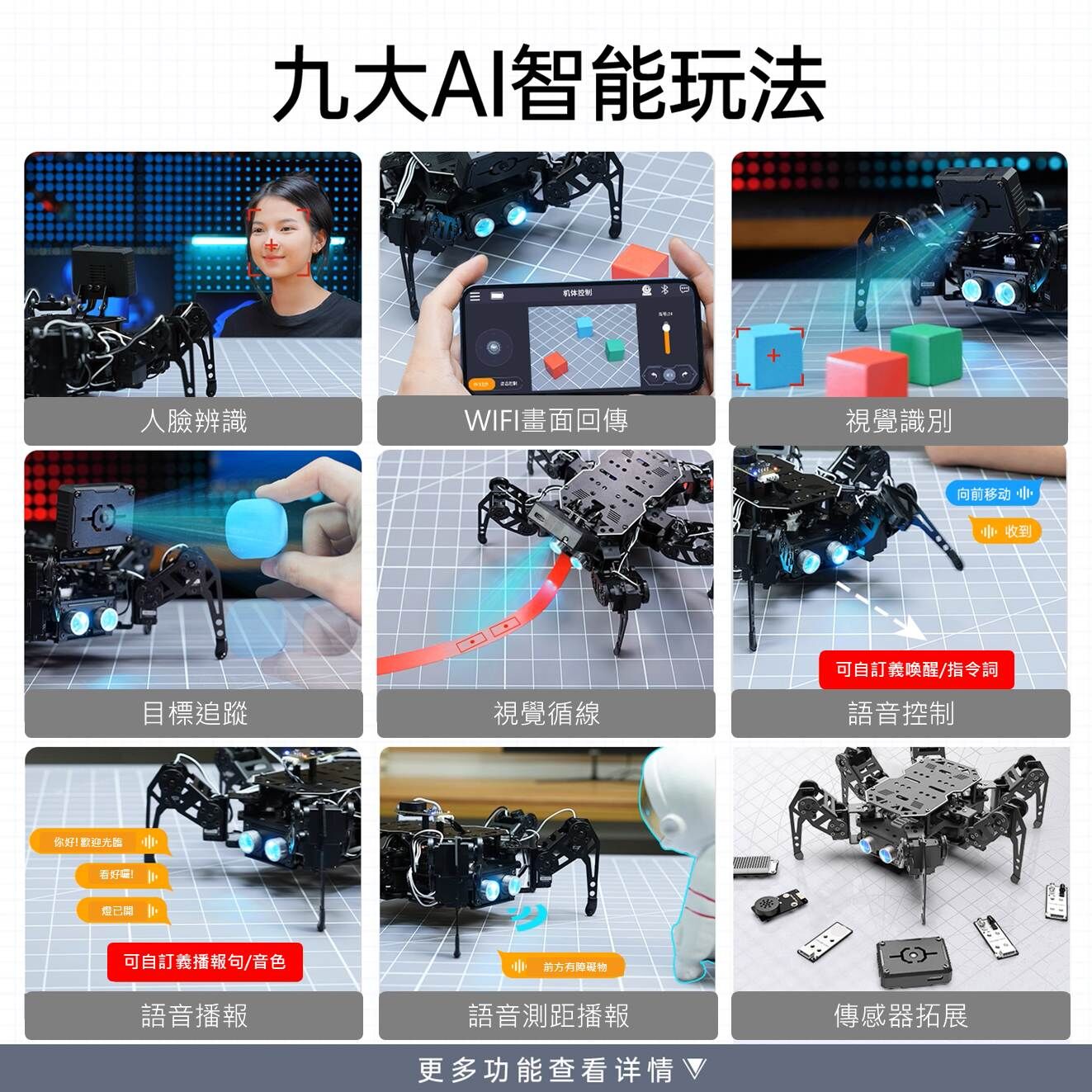 miniHexa ESP32六足機器人_豪華版(含視覺模組+感測包)(智慧AI視覺語音互動仿生蜘蛛Arduino編程)