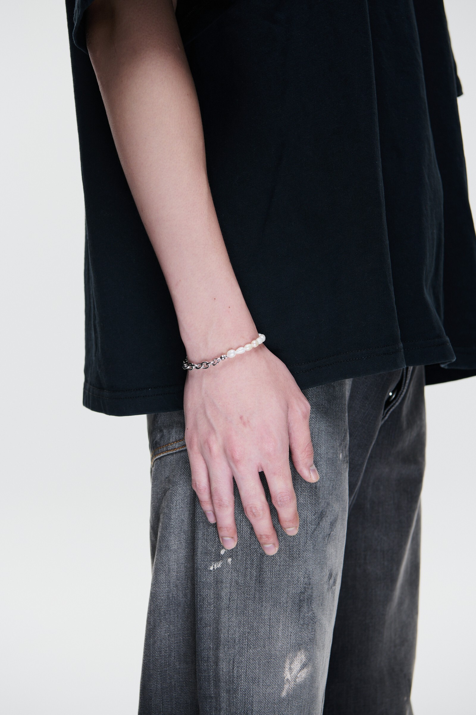 MIXTURE MB031 天然 米型 淡水 珍珠 拼接 橢圓 鋼鍊手鍊