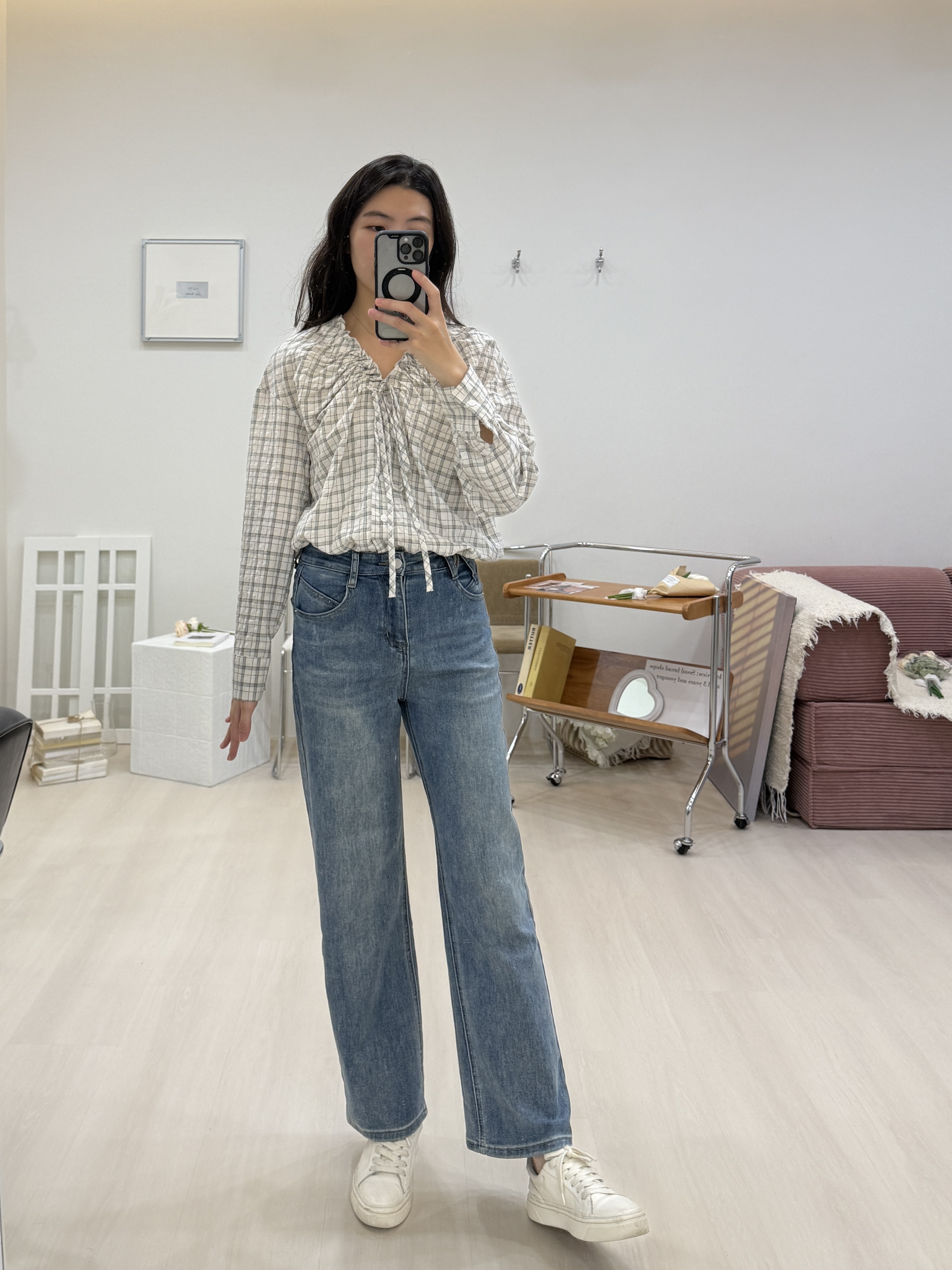 領口鬆緊格紋上衣*2色