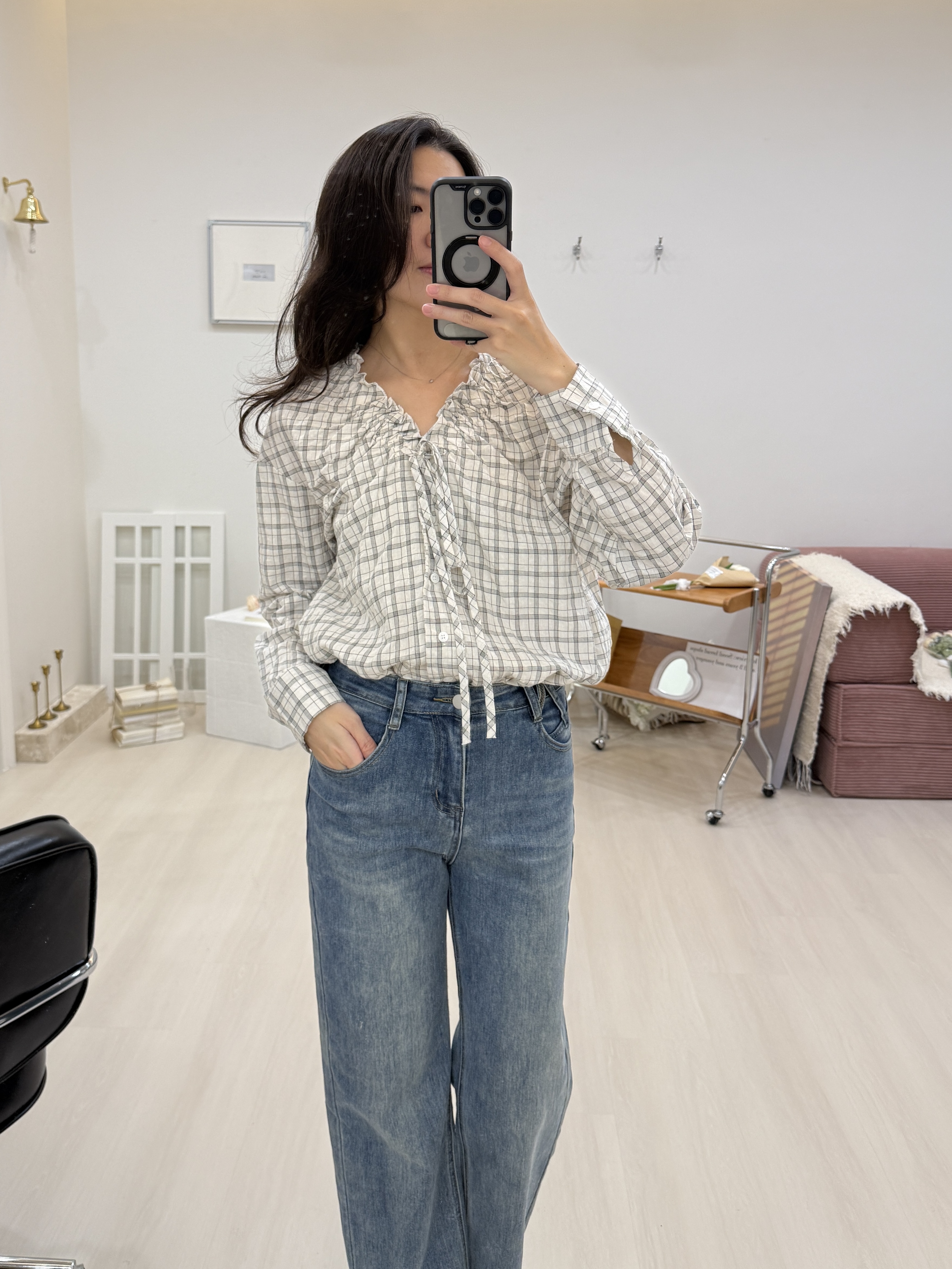 領口鬆緊格紋上衣*2色