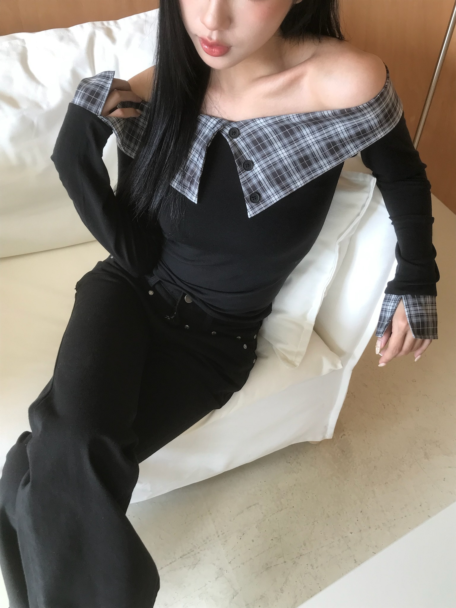 Tencel Off Shoulder Check Tee #上衣