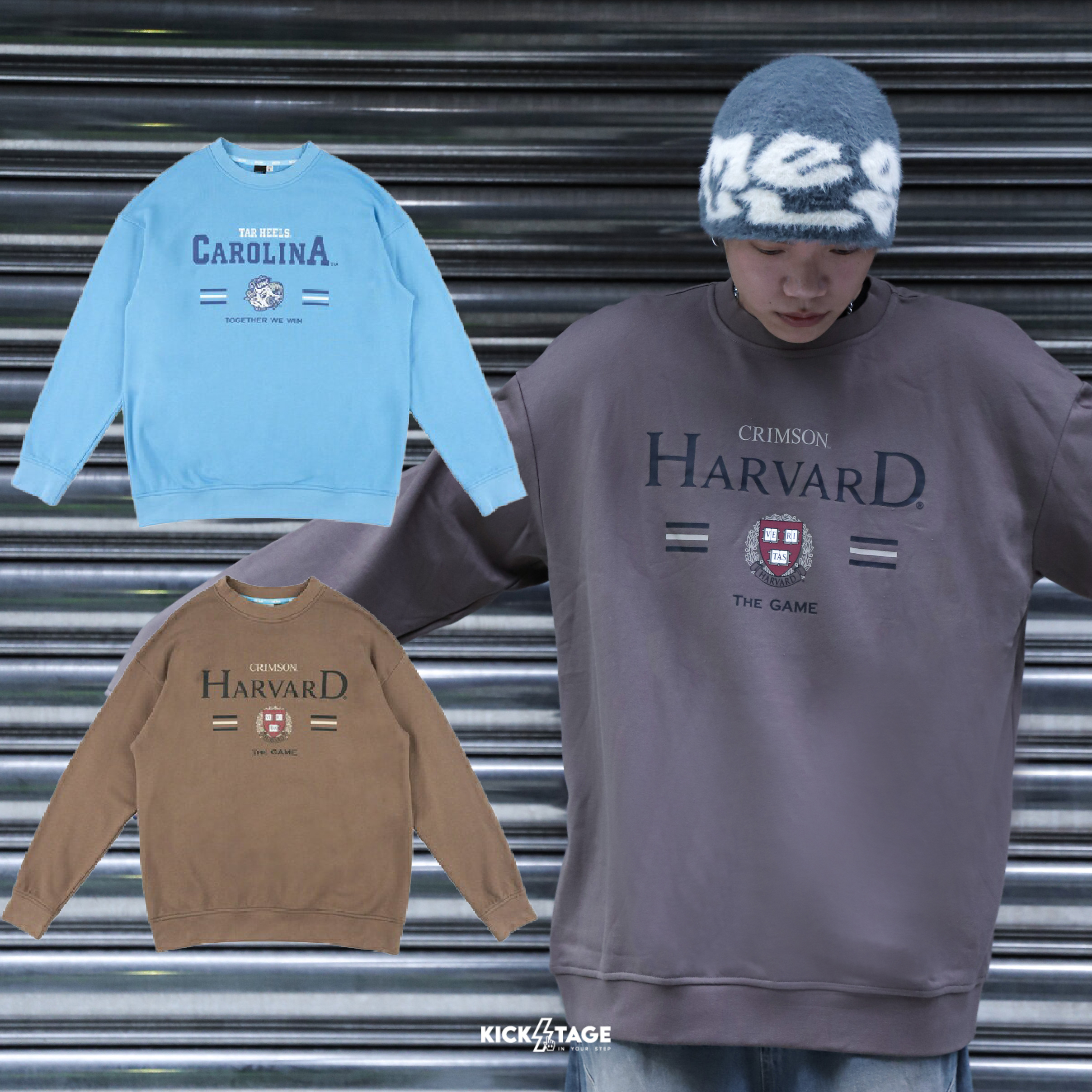 NCAA TEE 咖啡色 淺藍色 哈佛 北卡 圓領 休閒 基本 大印花 長袖 長T 大學T【7355102】