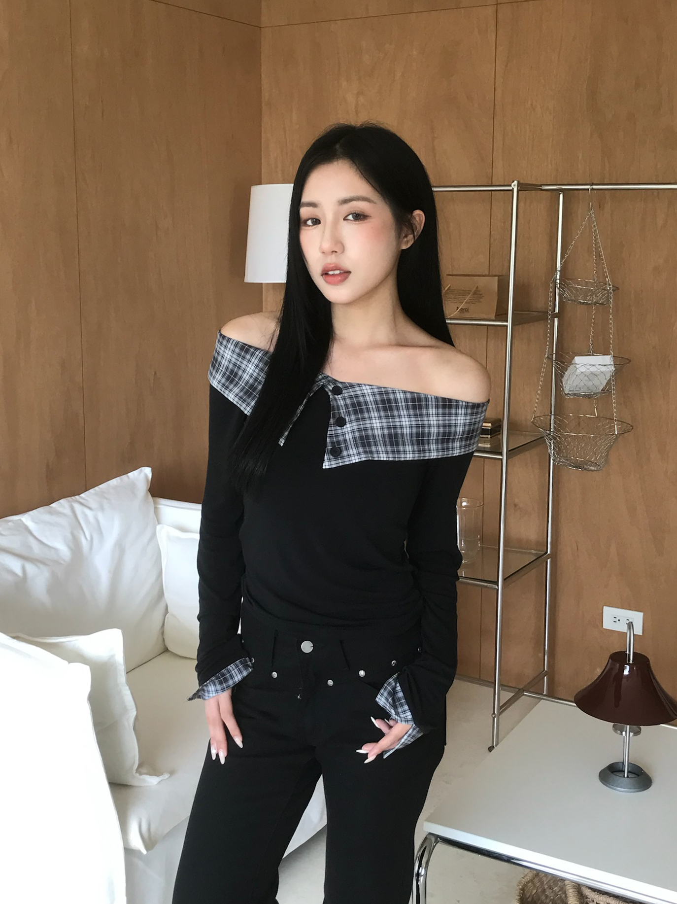 Tencel Off Shoulder Check Tee #上衣