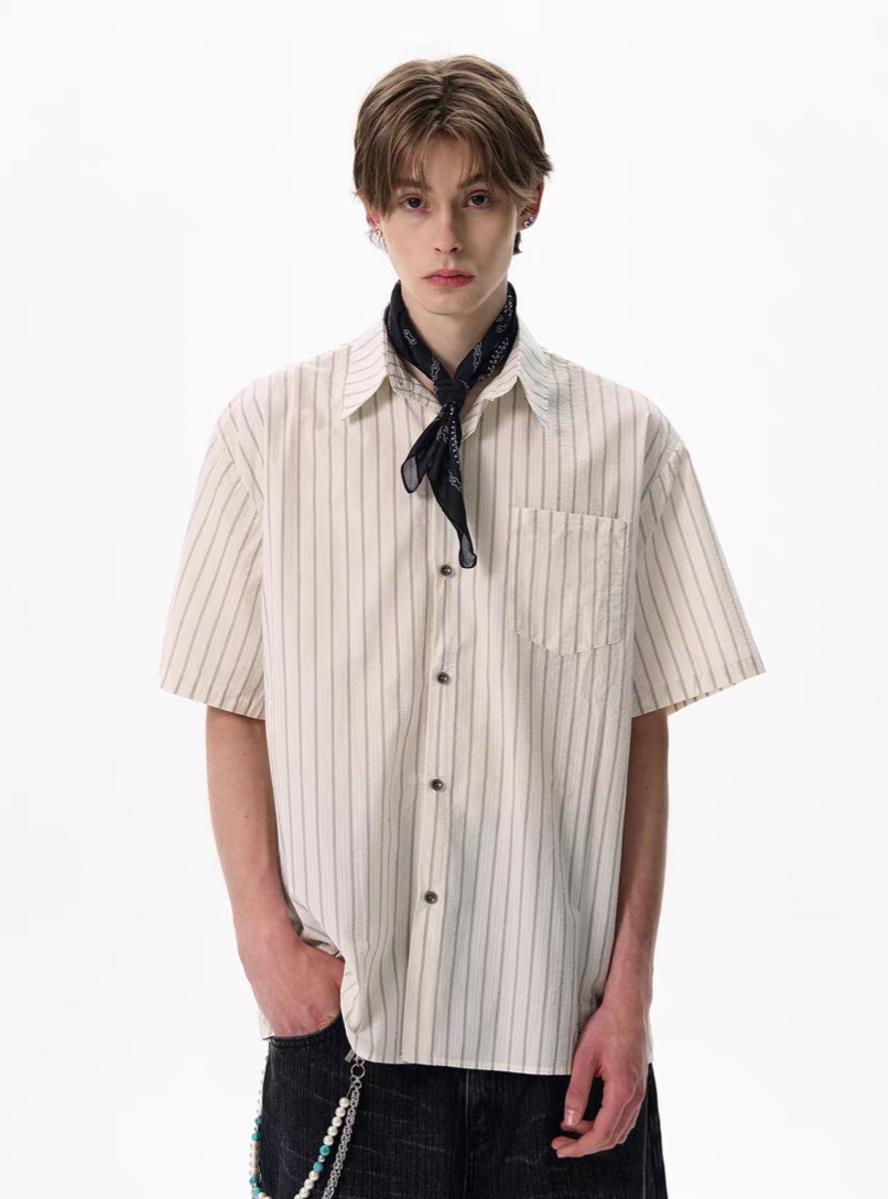 059. Vertical Stripe Short-Sleeve Button-Down Shirt (With Scarf)