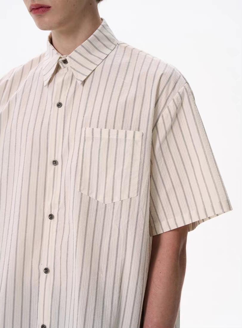 059. Vertical Stripe Short-Sleeve Button-Down Shirt (With Scarf)