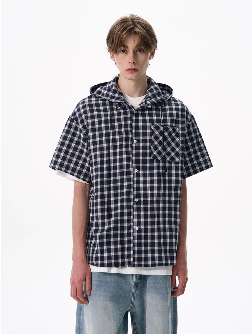 060. Short Sleeve Plaid Shirt with Removable Hoodie