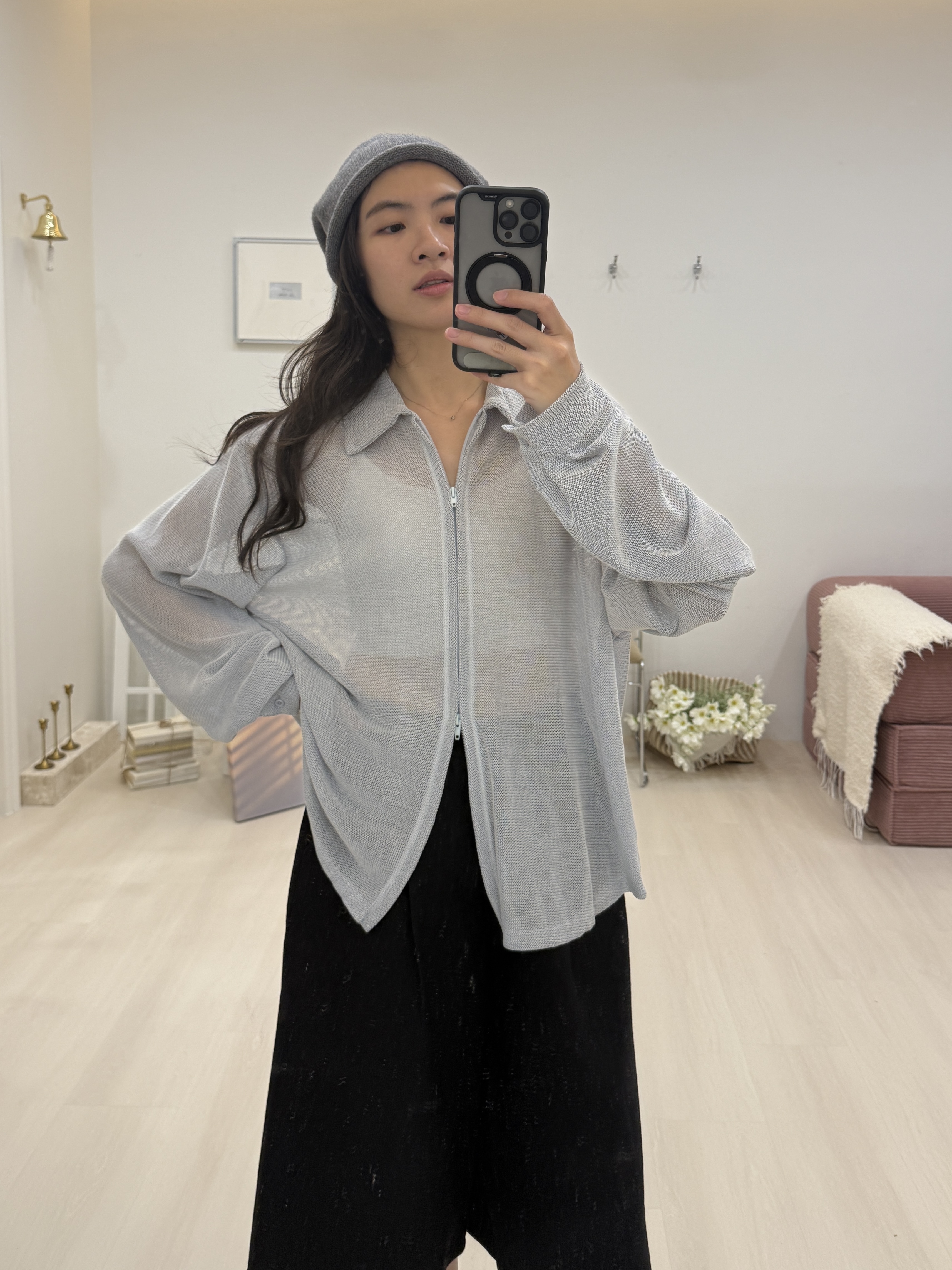 襯衫領雙拉鍊針織外套