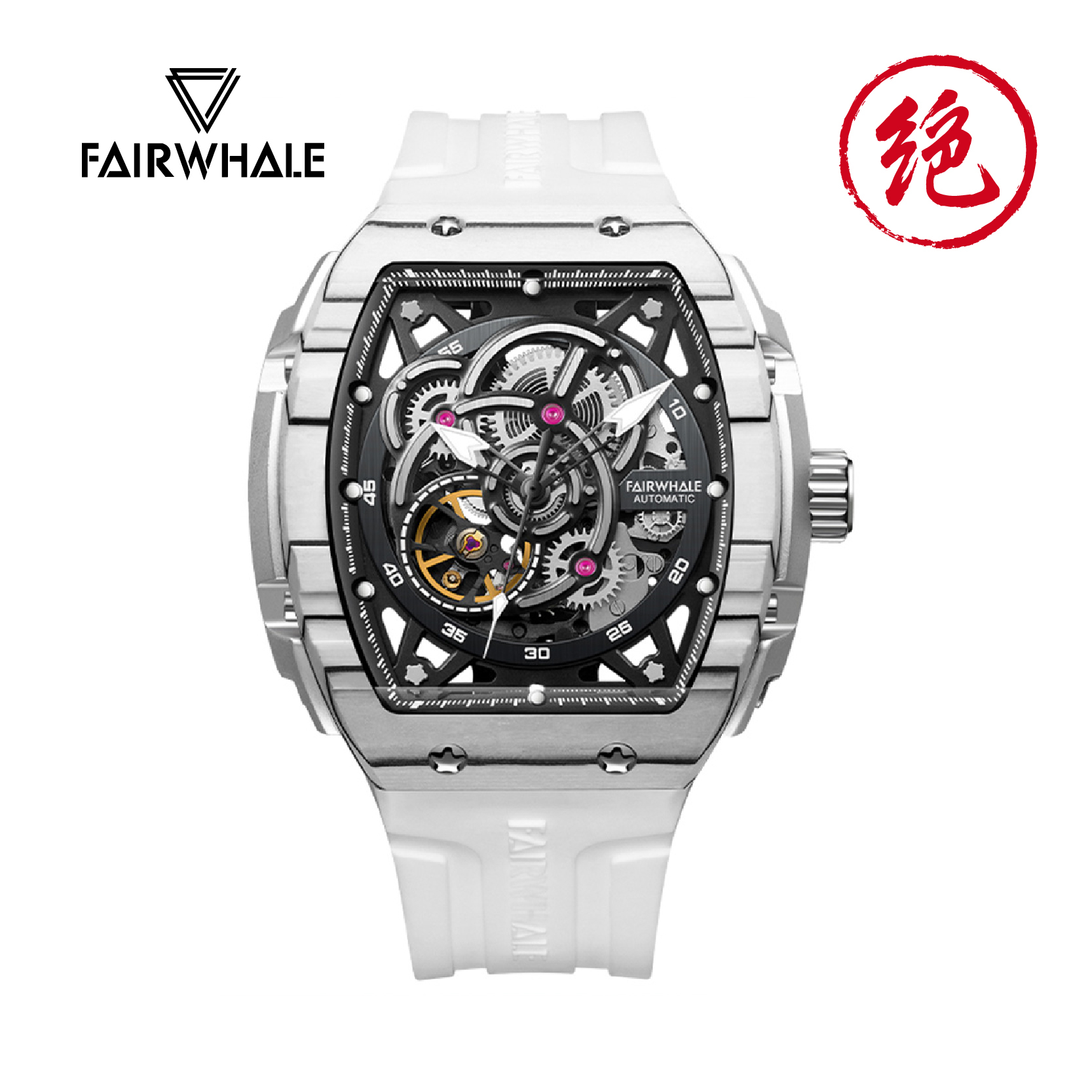 【Mark Fairwhale 馬克菲爾】FW-6660* 酒桶型 碳纖維 合金 雙面鏤空 多齒輪 夜光 機械 手錶 -