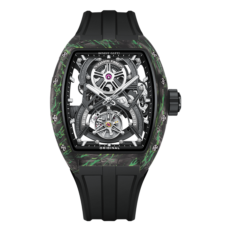 【Bonest Gatti 布加迪】懸浮機械之城系列 BG7003* 酒桶款 碳纖維 雙面鏤空 夜光 陀飛輪 機械錶