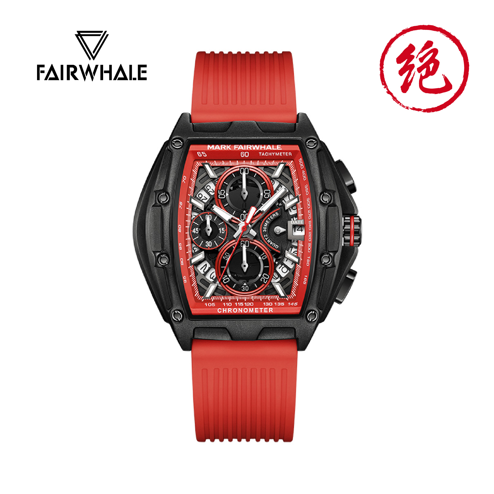 【Mark Fairwhale 馬克菲爾】FW-6590* 幾何酒桶型 多功能 三針三眼 撞色 手錶 -