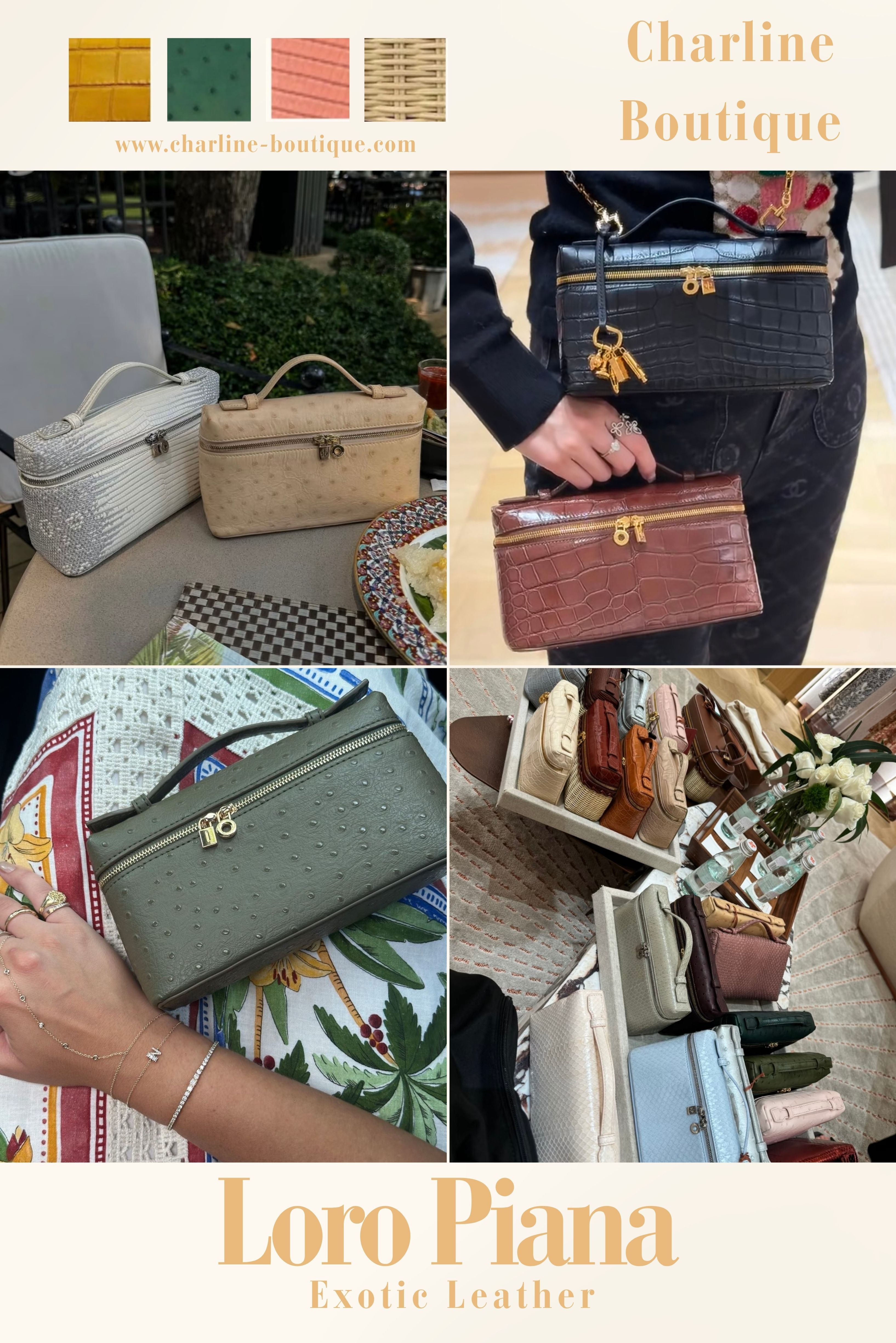 如果您也被 Loro Piana 的珍稀皮革包深深吸引，卻還在猶豫該怎麼挑選，別擔心！Charline Boutique 根據多年精品經驗與客人最常詢問的問題，整理出一系列重點 Q&A，幫助您快速了解關於 Loro Piana 珍稀皮革包 的特色、挑選與保養建議。  Loro Piana 珍稀皮革常見 Q&A  Q1：Loro Piana 在紅什麼？價格多少？  A：Loro Piana 之所以爆紅，主要是因為它完美詮釋了「靜奢風（Quiet Luxury）」——沒有明顯 Logo，卻以最頂級的材質與剪裁展現低調奢華。品牌以頂級羊絨、Vicuna（駱馬毛）與珍稀皮革聞名，包款如 Sesia Bag、Extra Bag、Bale Bag 都以柔軟皮革與極簡線條成為代表作。Charline Boutique 觀察到，Loro Piana 的受歡迎程度在這幾年快速攀升，特別受到重視質感與實用性的買家青睞。在價格方面，Loro Piana 的包款依材質不同而有明顯差異：一般小牛皮或羊皮款約 新台幣 10 萬～20 萬元；鴕鳥皮、蜥蜴皮等珍稀皮革落在 25 萬～40 萬元；若是鱷魚皮系列則可能超過 50 萬元以上。整體來看，Loro Piana 以靜奢風格與卓越工藝 脫穎而出，是現今精品市場中最具話題與收藏價值的品牌之一。    Q2：Loro Piana 鱷魚包與 Hermès 鱷魚包哪個比較熱門？  A：Loro Piana 與 Hermès 的鱷魚皮包同屬頂級精品，但風格與定位明顯不同。Hermès 鱷魚包在市場上更熱門、知名度高，是許多人心中的夢幻逸品，尤其是 Birkin 和 Kelly 包款，以稀缺性與高保值性著稱，被視為兼具時尚與投資價值的象徵；而 Loro Piana 的鱷魚包則以極致工藝、細膩觸感與更親民的價格脫穎而出，呈現低調奢華的義大利美學。Charline Boutique 的觀察是：若重視收藏與保值，Hermès 無疑是首選；但若追求質感與實用並重，Loro Piana 的鱷魚皮系列則是理性又不失格調的奢華選擇。    Q3： Loro Piana 跟 Hermès、Chanel 相比有什麼不同？  A：Loro Piana、Hermès 與 Chanel 雖同為高端精品品牌，但在風格與核心價值上各具特色。Charline Boutique 觀察這幾年的趨勢：Loro Piana 主打「低調奢華」，以極簡線條、頂級皮革與柔和色調呈現自然質感，適合重視材質與細節的族群；Hermès 則象徵「經典工藝與收藏價值」，像 Kelly、Birkin 等包款代表永恆的經典地位；而 Chanel 更強調時尚符號與品牌辨識度，其菱格紋與金鍊設計展現女性優雅力量。整體來說，Loro Piana 是極簡實用派，Hermès 是工藝收藏派，而 Chanel 則屬於時尚標誌派。    Q4： 鱷魚皮、鴕鳥皮和蜥蜴皮要怎麼分辨？  A：鱷魚皮、鴕鳥皮與蜥蜴皮的辨識重點在於紋理與觸感。Charline Boutique 觀察到，鱷魚皮的鱗格較大，多為方形或長方形，表面帶有自然油光，整體質感厚實；鴕鳥皮最容易辨認，表面分布著圓點突起，是毛孔形成的天然花紋，手感柔軟、彈性佳；蜥蜴皮則以細緻小格紋聞名，紋理排列緊密、光澤細膩，常見於小型包款與配件。整體而言，鱷魚皮展現奢華氣勢、鴕鳥皮散發溫潤質感，而蜥蜴皮則以精緻細節取勝。    Q5： 第一個稀有皮革包，推薦哪一款？  A：對於第一個珍稀皮革包，推薦的款式可依預算與風格選擇：若追求經典收藏，可考慮 Hermès 的 Kelly 或 Birkin，鱷魚皮與 Evercolour 版本皆為長青代表；若偏好低調工藝美，Moynat 的 Réjane 蜥蜴皮包 展現法式優雅；而近年 Loro Piana 以柔軟鴕鳥皮與光澤細緻的蜥蜴皮系列受到青睞，兼具質感與實用性。Charline Boutique 的經驗分享 是：若是第一次入門珍稀皮革，Loro Piana 的鴕鳥皮包最為實背耐用，也是入門珍稀皮革世界的理想起點。    Q6：稀有皮革包需要特別保養嗎？  A：是的，珍稀皮革包確實需要更細緻的日常保養，但不需太複雜。建議保持乾燥、避免陽光直射與潮濕環境，收納時可使用防塵袋與防潮包。清潔時以柔軟乾布輕拭表面，若遇髒污可送至具經驗的專業皮革保養店處理。Charline Boutique 的經驗分享 是：鴕鳥皮與蜥蜴皮對濕度特別敏感，適度保養能延長皮革壽命並維持包款的原始光澤。    Q7：稀有皮革都有哪些？  A：在精品世界裡，稀有皮革（Exotic Leather） 一直象徵著極致奢華與收藏價值。這些皮革以獨特紋理、細膩光澤與複雜的製作工藝聞名，每一種都展現不同的個性與風格。常見的幾大類稀有皮革及其特色如下：  鱷魚皮（Crocodile）：紋理立體、光澤細膩，是最具代表性的珍稀皮革。種類包含婆羅洲灣鱷、尼羅鱷與密西西比短吻鱷。特色是質感厚實、紋路明顯且極具保值性。  鴕鳥皮（Ostrich）：表面圓點突起、柔軟且透氣。顏色顯色度高，會隨使用時間愈發亮澤，是入門珍稀皮革的熱門選擇。  蜥蜴皮（Lizard）：紋理細緻小巧、光澤自然，觸感平滑且排列緊密。常用於小型包款或皮夾，散發高雅精緻感。  蛇皮（Python）：鱗片富層次感，花紋自然不規則。特色是異國風情強烈、質地輕盈、造型感十足。  珍珠魚皮（Stingray）：表面帶珍珠狀顆粒，堅韌、防水、耐磨。光澤獨特，常用於高端配件或特別訂製款。  其他稀有皮革：包含鯊魚皮、鱷龜皮、鸚鵡魚皮等，雖不常見，但以特殊紋理與限量工藝受到收藏家關注。  Charline Boutique 的觀察是：鱷魚皮最具收藏價值、蜥蜴皮最細膩高雅，而鴕鳥皮則兼具耐用與柔軟，是想入門珍稀皮革世界時最理想的選擇。    Q8：Loro Piana 的包款有哪些熱門款式推薦？  A：Loro Piana 的包款以極簡線條與頂級皮革聞名，深受喜愛低調奢華風格的消費者青睞。近年最受歡迎的款式包括：  Extra Bag 系列：以柔軟小牛皮與鴕鳥皮製作，包型俐落輕盈，是日常通勤與旅行的熱門選擇。  Sesia Bag：品牌經典代表之一，圓潤包身線條搭配鱷魚皮或蜥蜴皮版本，展現 Loro Piana 細膩工藝與溫潤奢華感。  Bale Bag：結構感鮮明、設計簡約，特別受年輕族群歡迎；蜥蜴皮與亮面鱷魚皮款式更添現代氣質。  Ginza Tote：採用柔韌小牛皮或鴕鳥皮拼接製成，容量大又輕巧，實用性高。  Charline Boutique 留意到，在珍稀皮革系列中，Sesia 的蜥蜴皮與 Extra Bag 的鴕鳥皮版本最受收藏家與時尚愛好者青睞，兼具辨識度與實背性。    Q9：靜奢風品牌除了Loro Piana 還有哪些？  A：除了 Loro Piana 外，許多品牌也代表靜奢風（Quiet Luxury）的核心精神——以高品質材質、極簡設計與細膩工藝展現品味。頂級品牌如 Brunello Cucinelli（義大利羊絨工藝）、The Row（極致簡約剪裁）、Bottega Veneta（經典編織皮革）、Max Mara（摩登大衣）與 Ralph Lauren Purple Label（高級面料）皆是靜奢代表。中價位品牌則有 Totême 與 COS，以俐落線條與北歐美學詮釋簡約風格；此外，Valextra 與 Moynat 也以低調皮革工藝聞名。Charline Boutique 的觀察是：這些品牌都讓「不張揚的奢華」成為當代最受推崇的時尚語言。    Q10：老錢風是什麼？有推薦的牌子嗎？  A：老錢風（Old Money Style）」源自歐美上流社會，強調低調、經典與舒適質感。它不追逐流行，而是透過優質剪裁與天然材質（如羊毛、真絲、純棉）展現穩重品味。風格以中性色為主，簡約、耐看又不張揚。代表品牌包括 Loro Piana（頂級羊絨與 Spagna 外套經典）、The Row（極簡高級剪裁）、Ralph Lauren（POLO 衫與毛衣體現優雅休閒）、Celine（現代極簡巴黎風）、Valextra（無 Logo 皮具象徵低調奢華）、以及 Brunello Cucinelli 和 Max Mara 等。若想以親民價格入門，也可選擇 Totême、COS 或 A.P.C.，同樣能展現精緻又不浮誇的老錢風格。