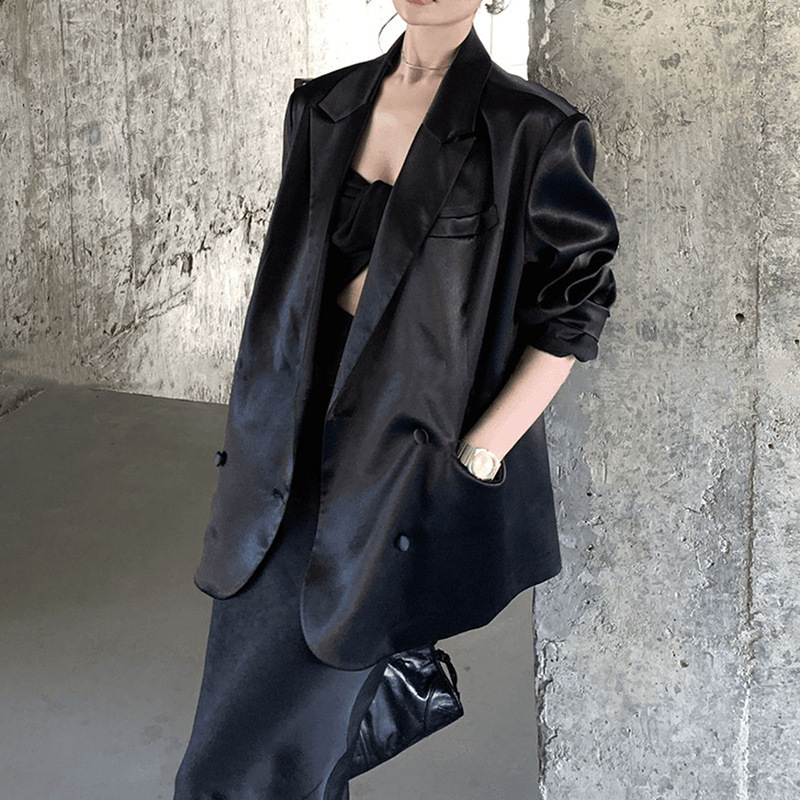 高級高冷感 綢緞長版西裝外套