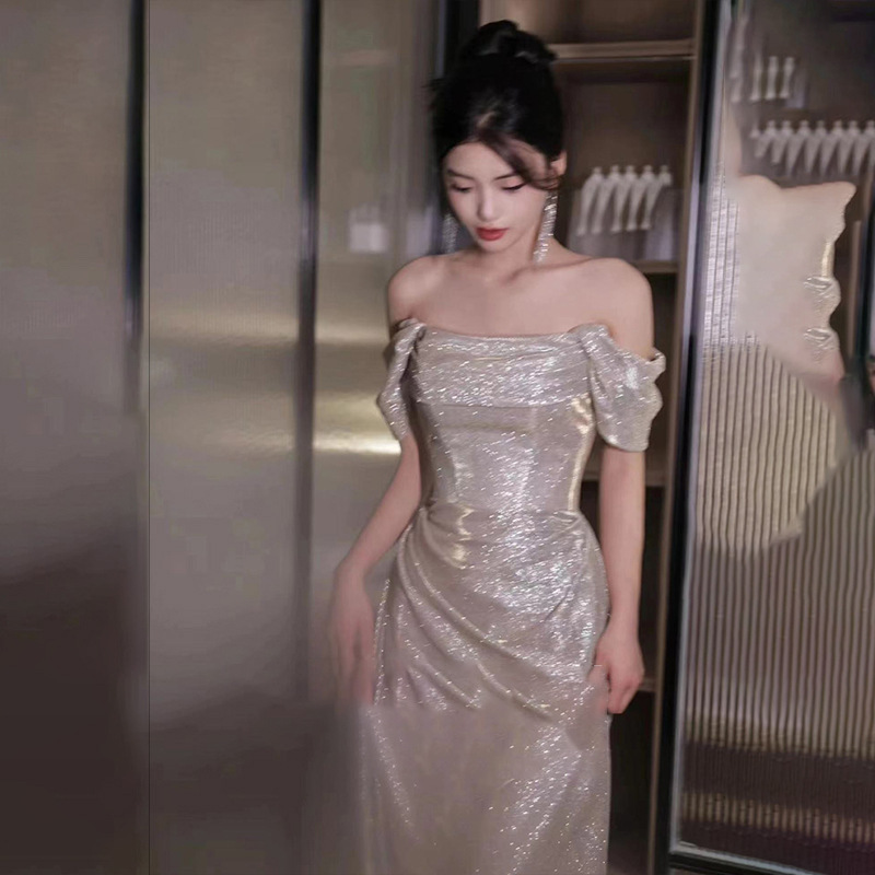 銀河閃爍 露肩馬甲收腰長禮服