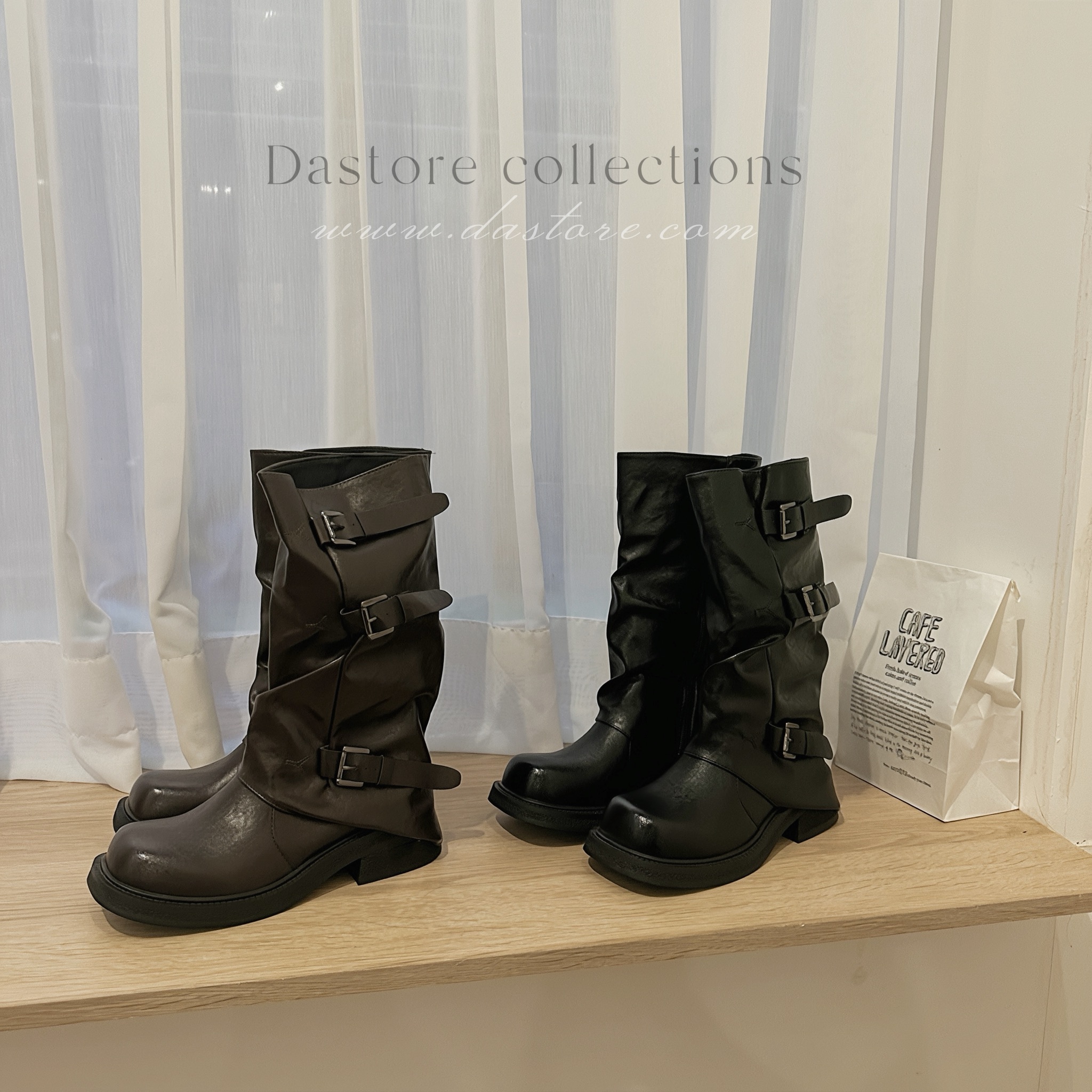 復古堆堆感中筒靴/二色