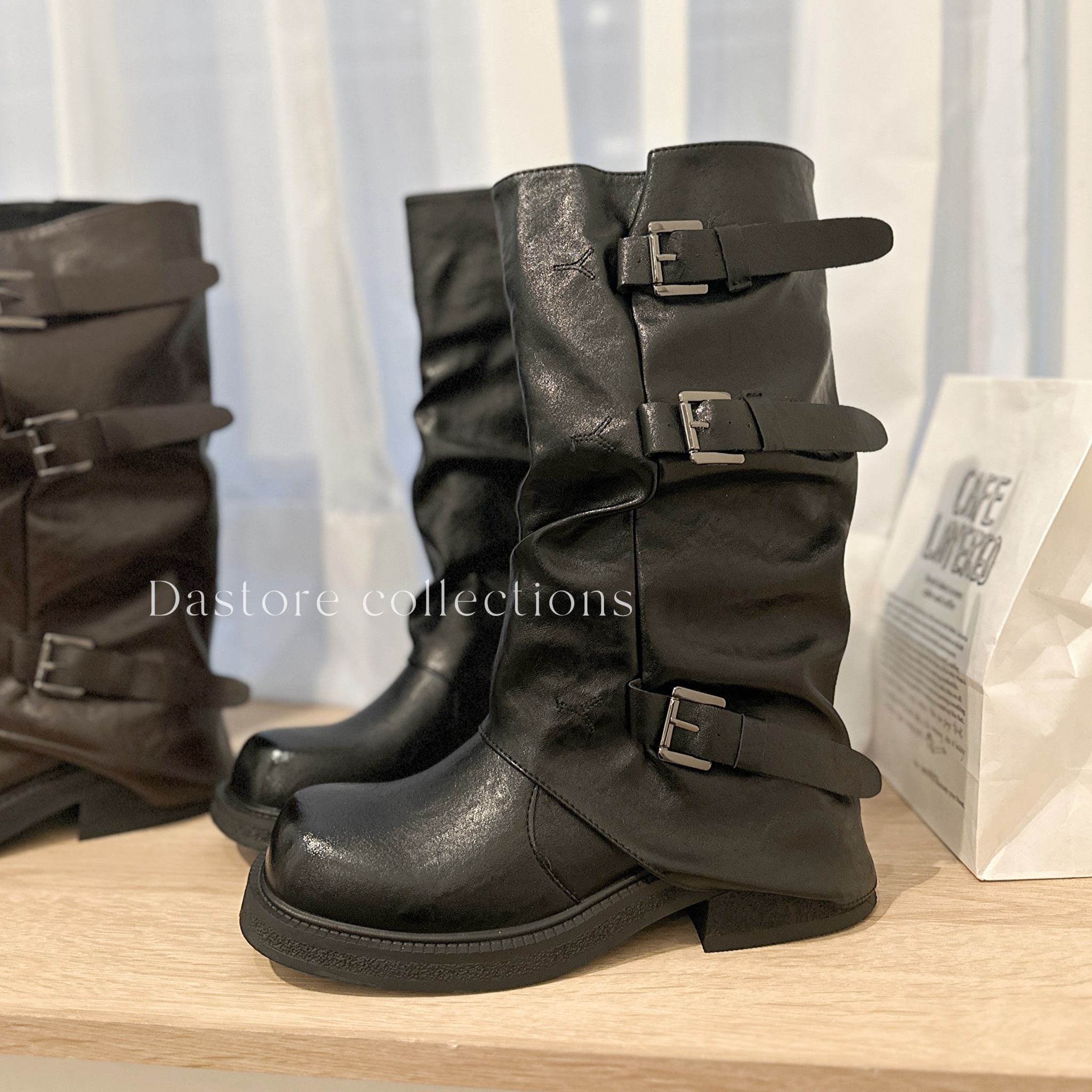 復古堆堆感中筒靴/二色