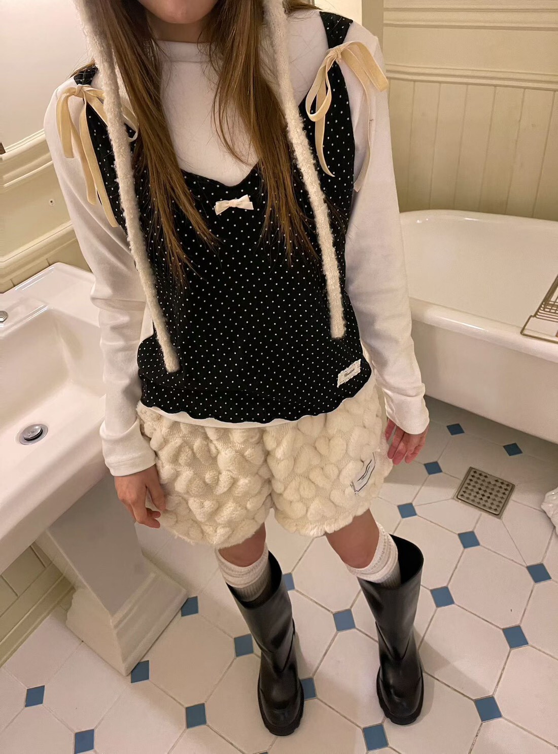 點點綁結背心假兩件式上衣