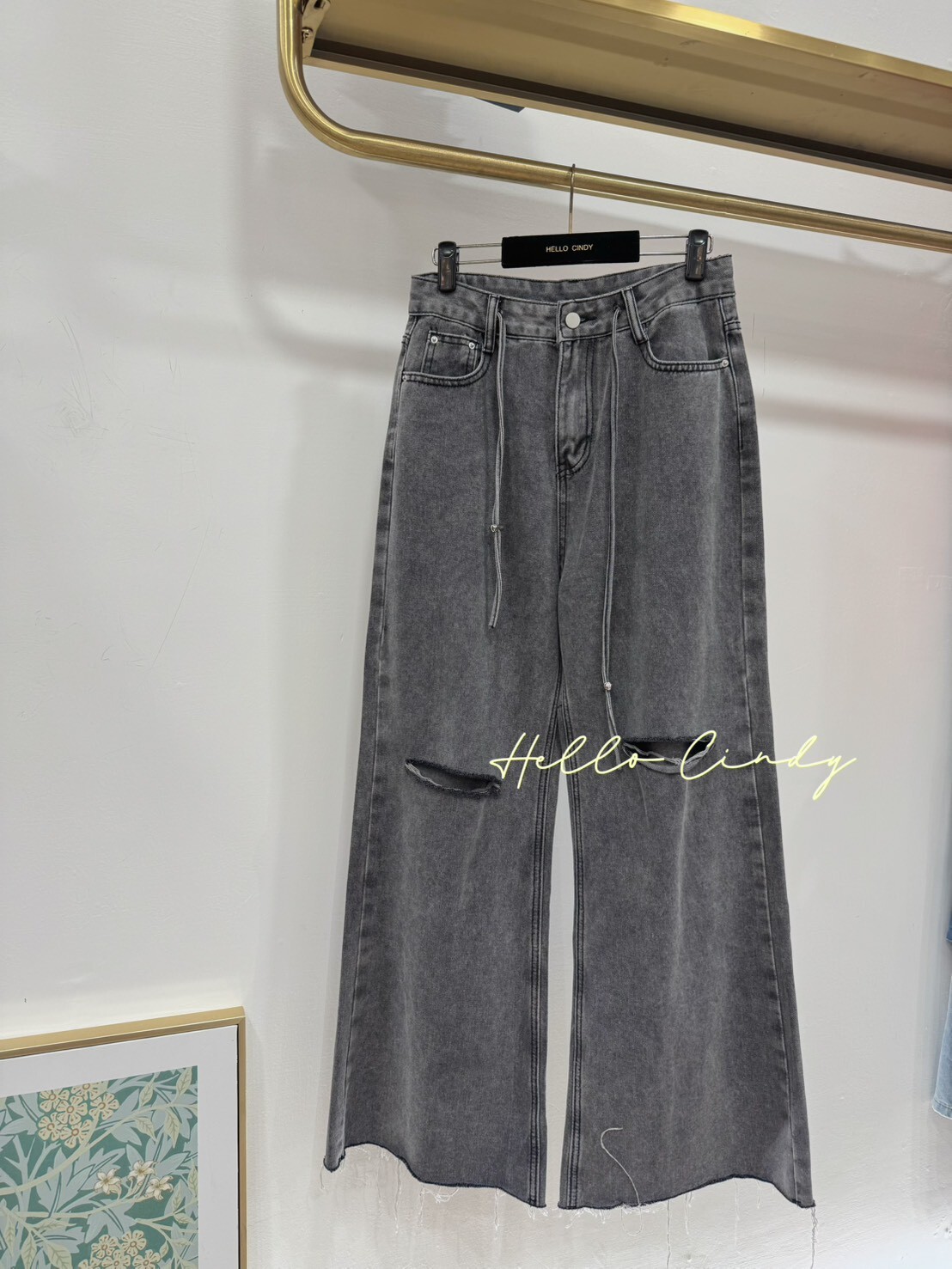 B09063-好好看的煙燻色割破綁帶牛仔褲