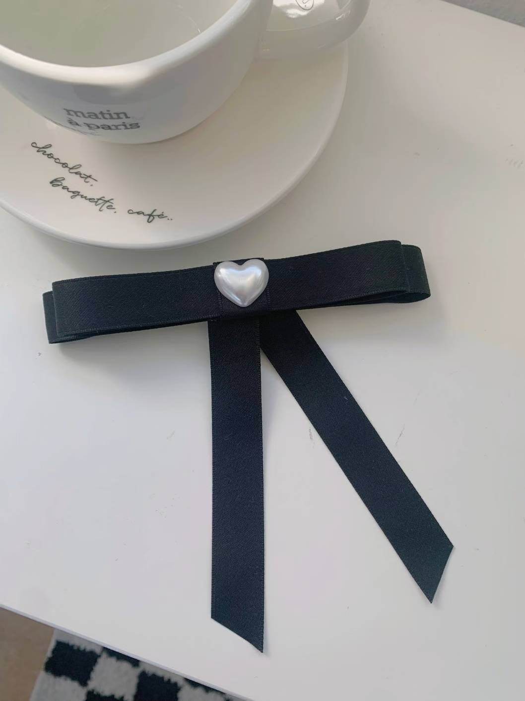 經典黑愛心珍珠造型蝴蝶結髮夾