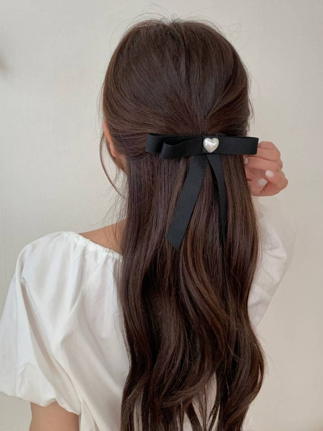 經典黑愛心珍珠造型蝴蝶結髮夾
