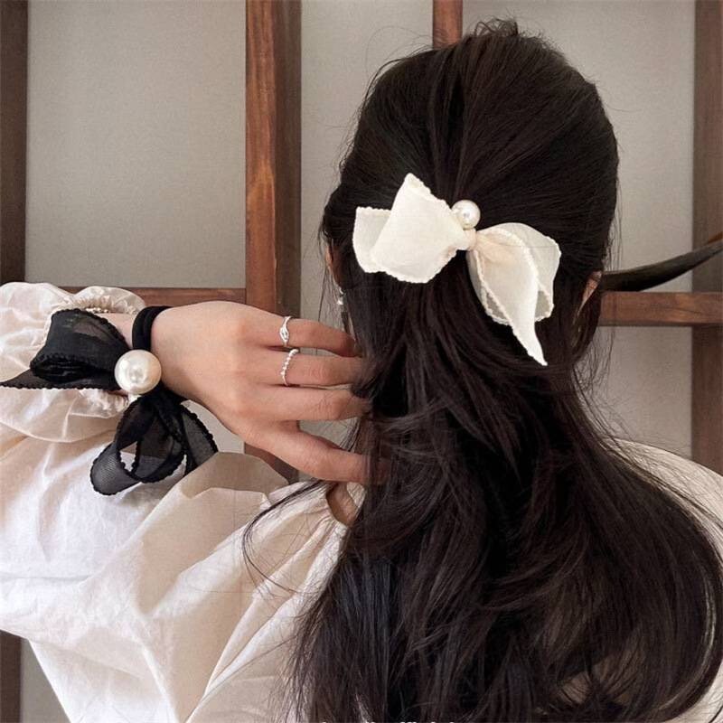 大小雙珍珠蝴蝶結造型髮圈髮束 / 2色
