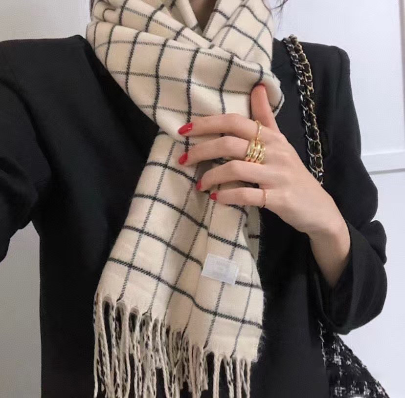 配色線條格紋毛呢流蘇圍巾 / 4色