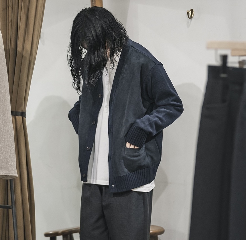 ON SALE: A.PRESSE CASHMERE SUEDE LEATHER COMBINATION CARDIGAN - NAVY SIZE 3 PRE ORDER ITEM (預訂中)