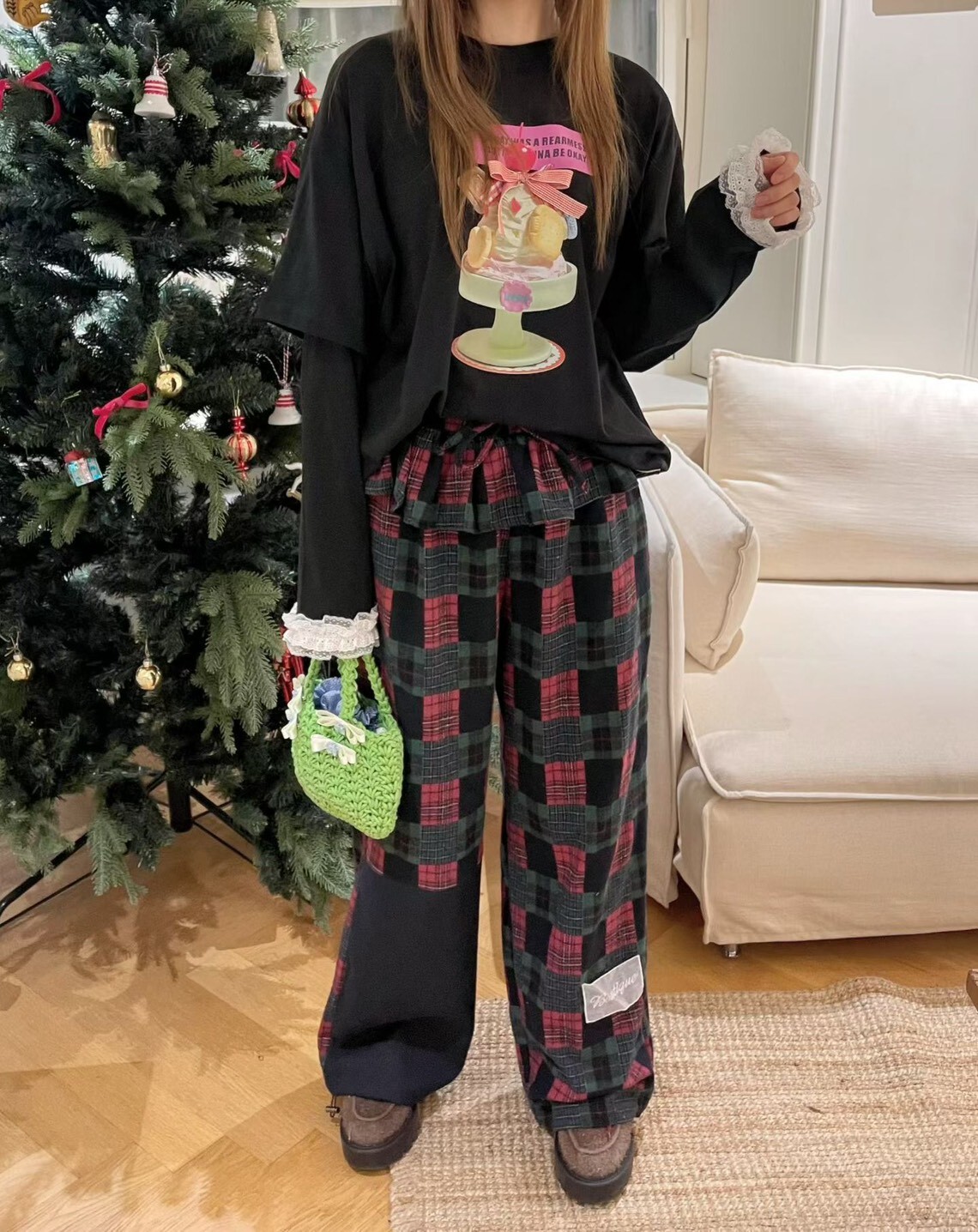 荷葉裙襬格子標籤褲