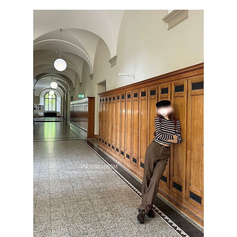 時髦復古STYLE  彈性條紋上衣+格紋高腰褲(套裝)