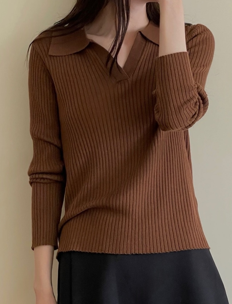 [現貨]  Wynn 襯衫領羅紋針織上衣 [ 黑色 / Free ]