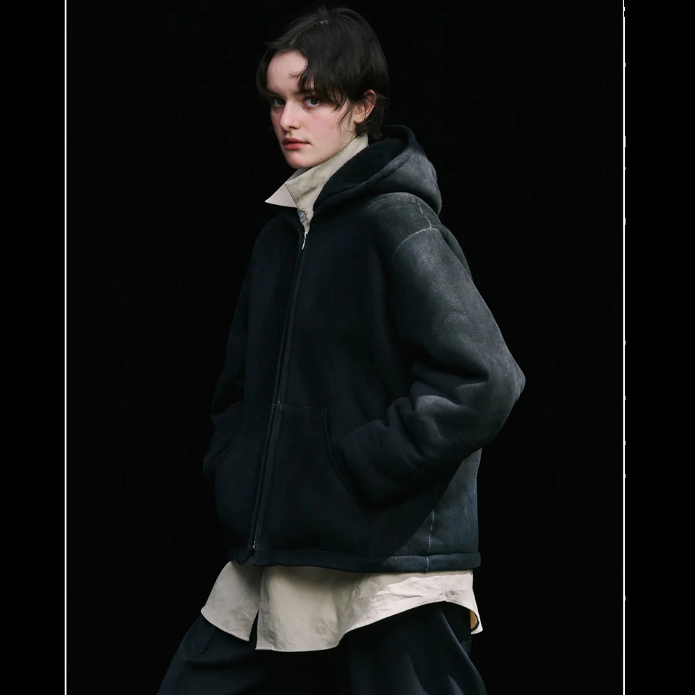 A.PRESSE 2025 MOUTION ZIP SHEEP LEATHER HOODIE (25SAP-01-02H) - BLACK PRE ORDER ITEM (預訂中)