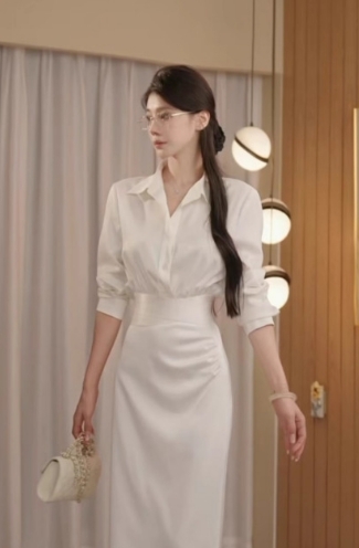 彈性收腰短版襯衫+高腰裙(2件組)(黑/白)(S~L)