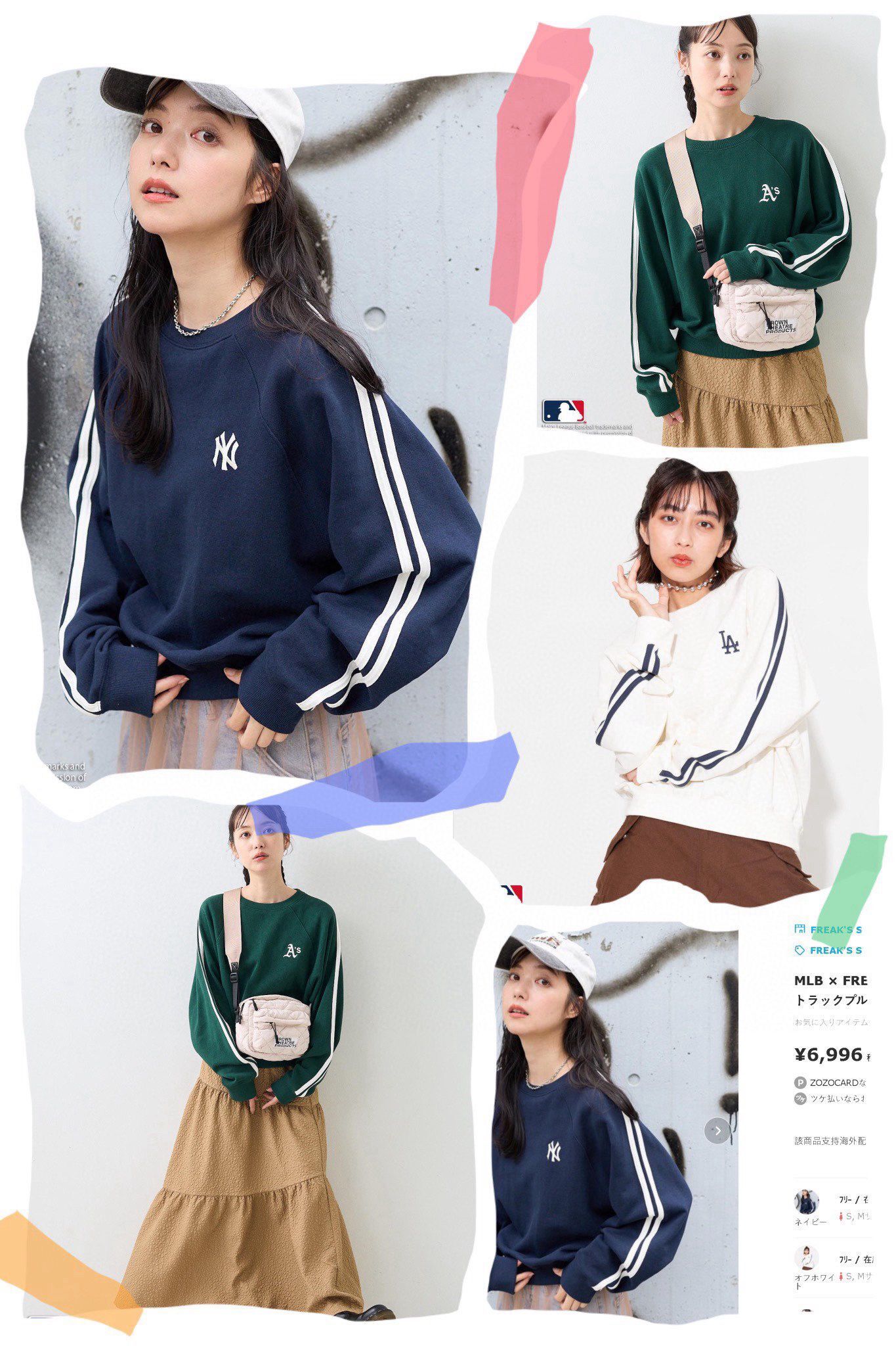 日版 MLB 復古肩拼條圓領長袖Tee