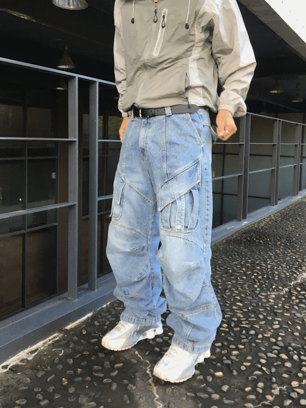 石刷水洗寬版賽車牛仔褲