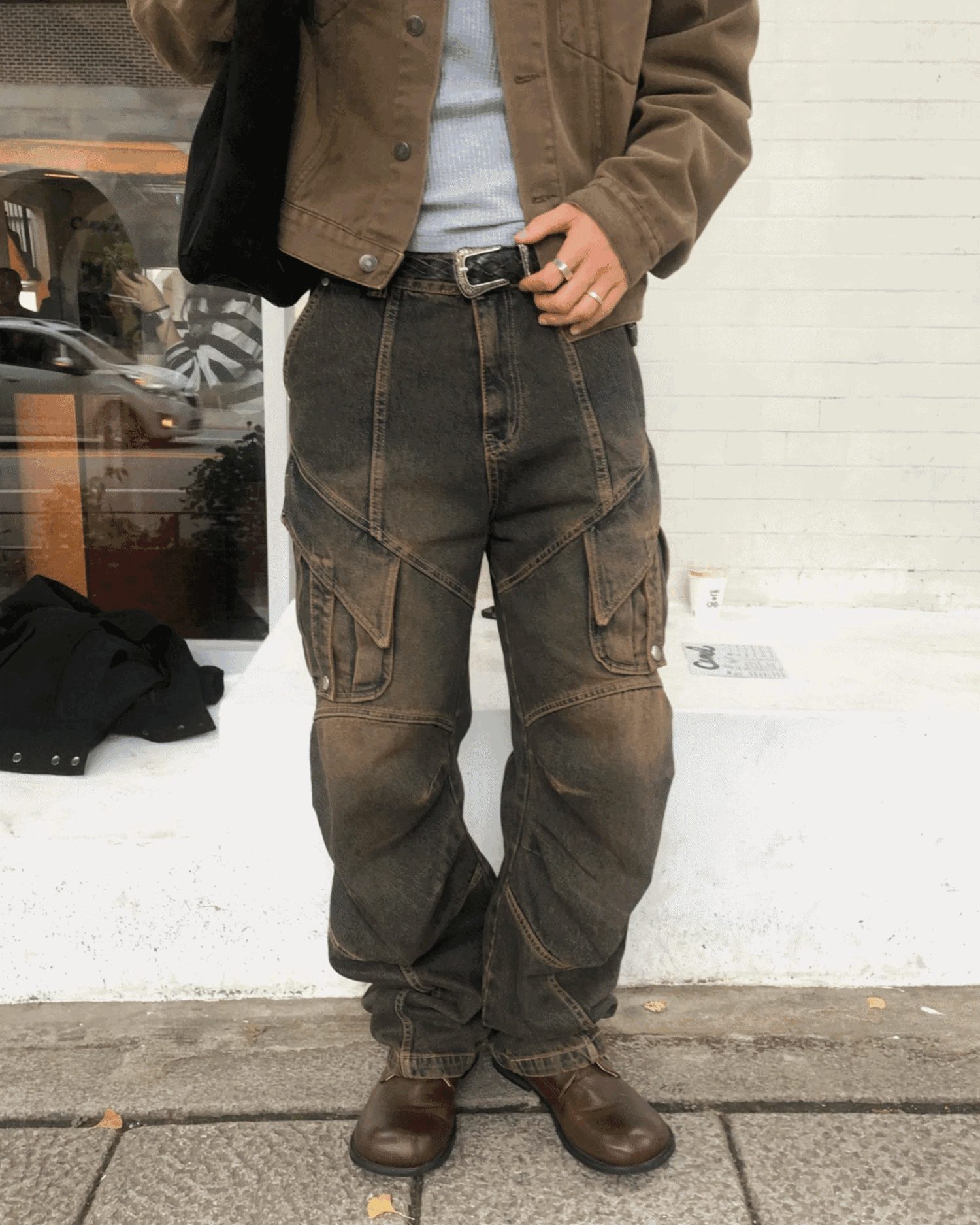 石刷水洗寬版賽車牛仔褲