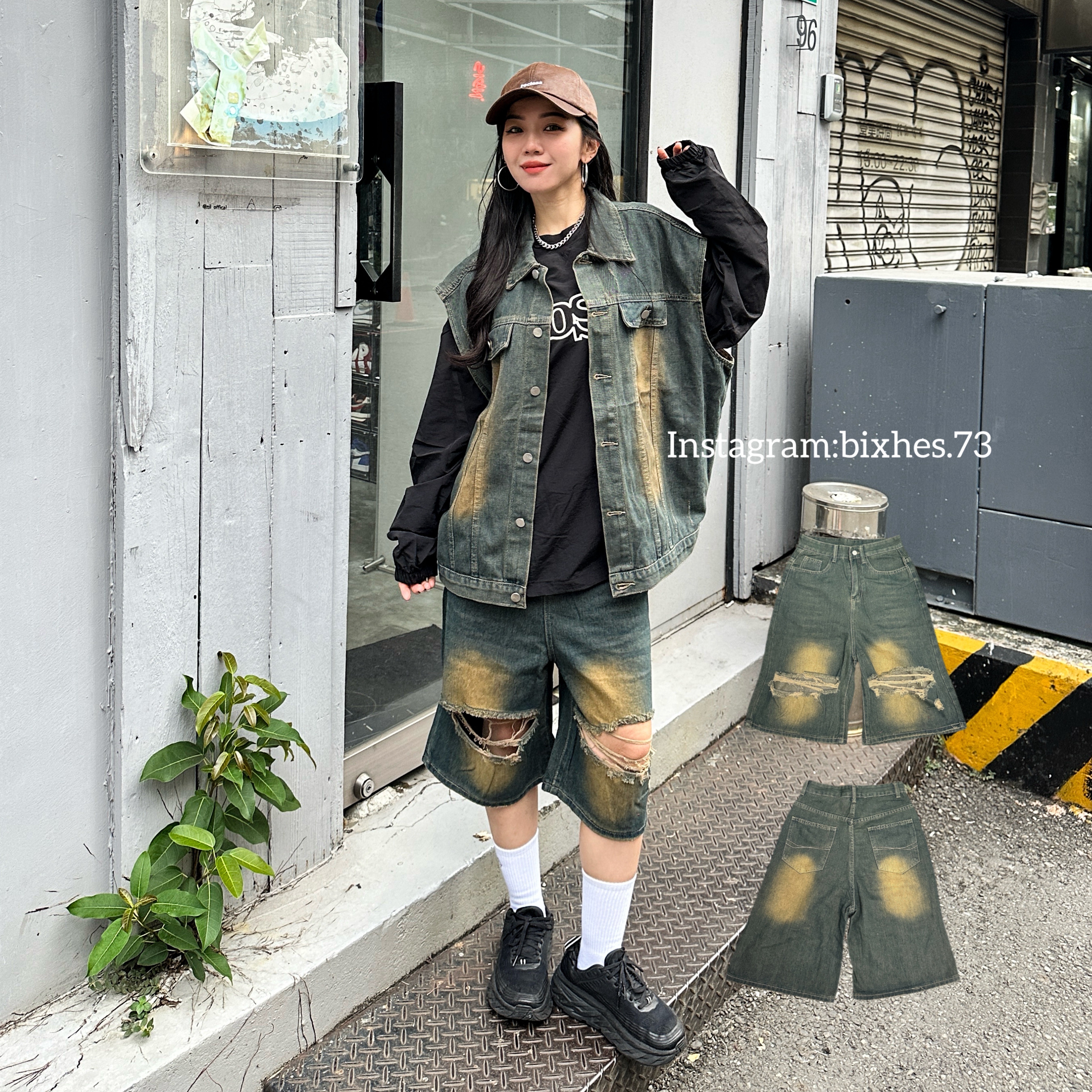 復古刷黃牛仔五分褲(E00049)