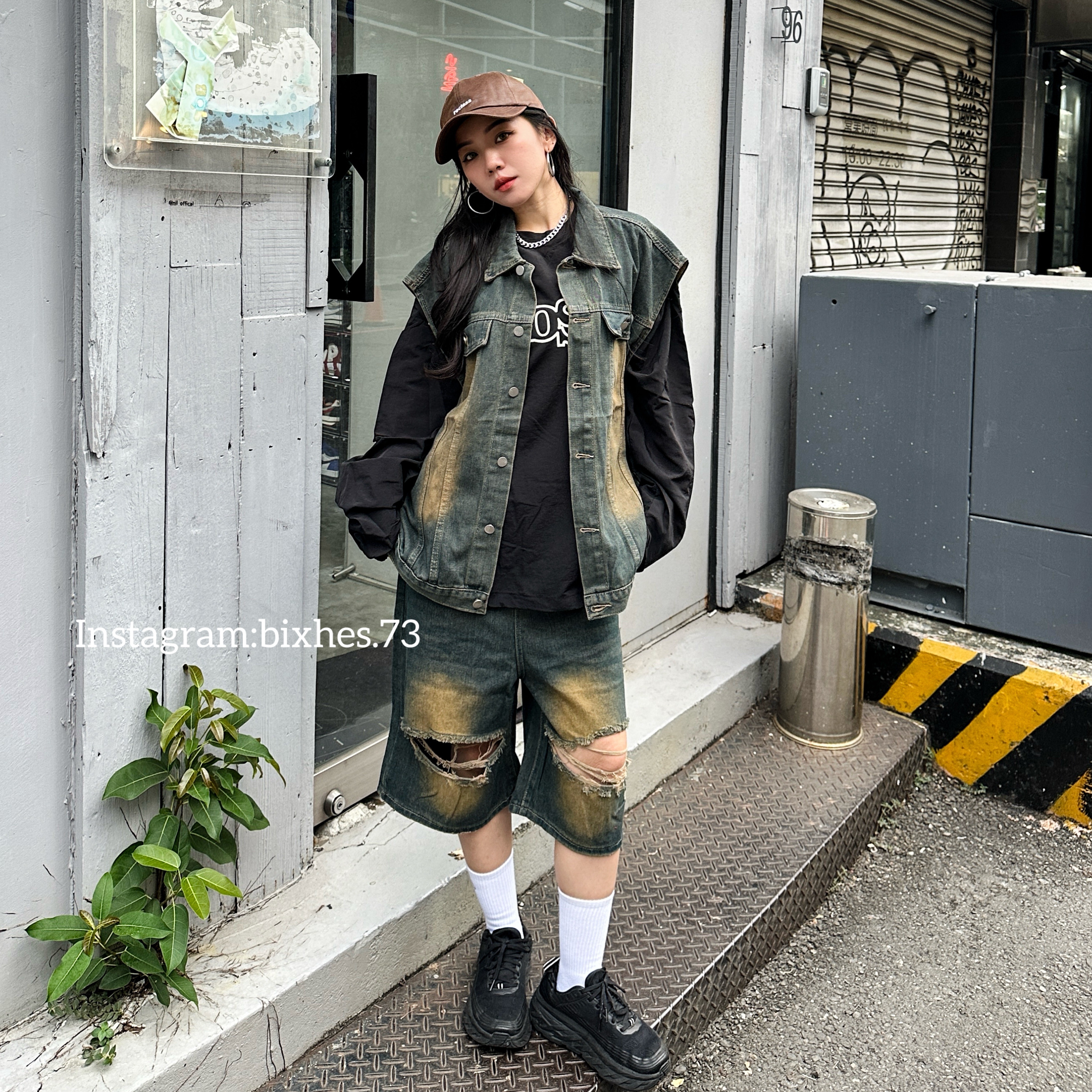 復古刷黃牛仔五分褲(E00049)