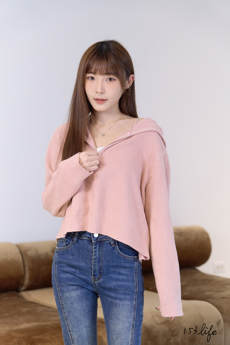 |現貨|連帽拉鏈鬆餅格短版上衣(3色)