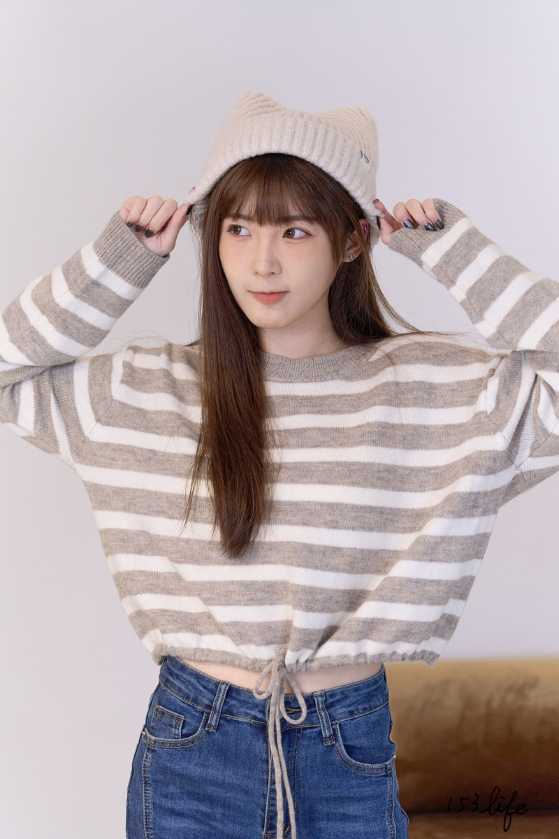 |現貨|撞色條紋下擺抽繩針織上衣(2色)