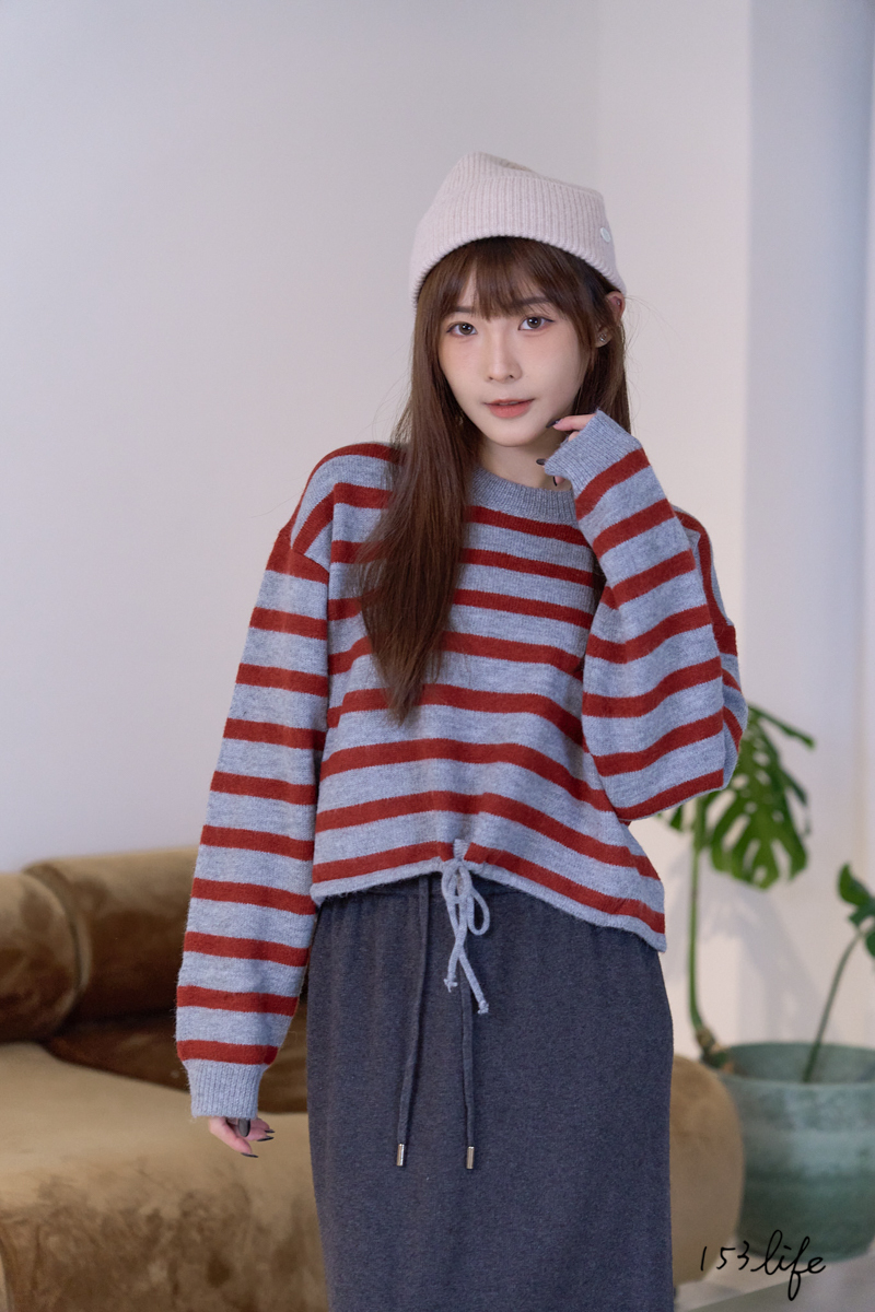 |現貨|撞色條紋下擺抽繩針織上衣(2色)