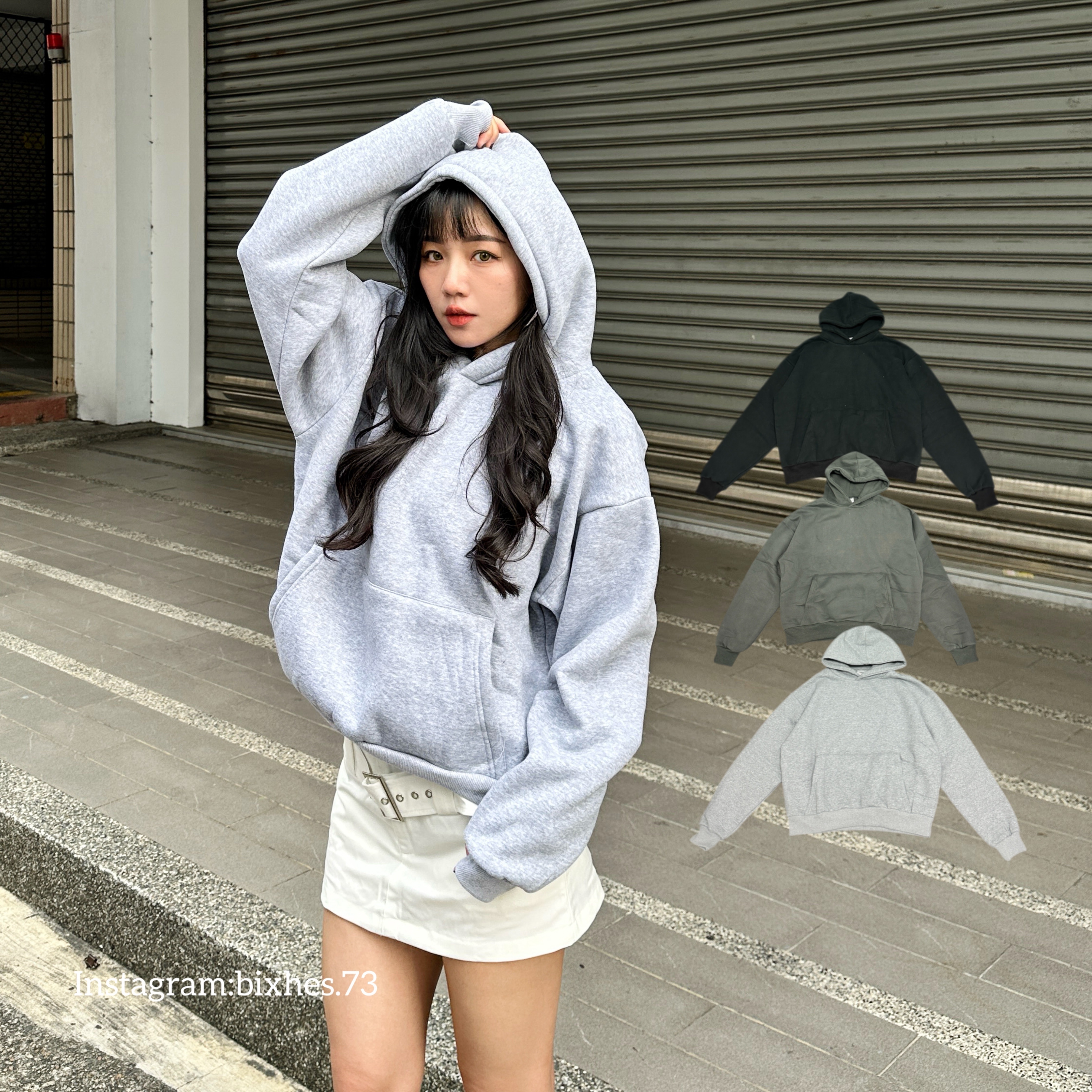 連帽純色寬短刷毛帽T(B00044)